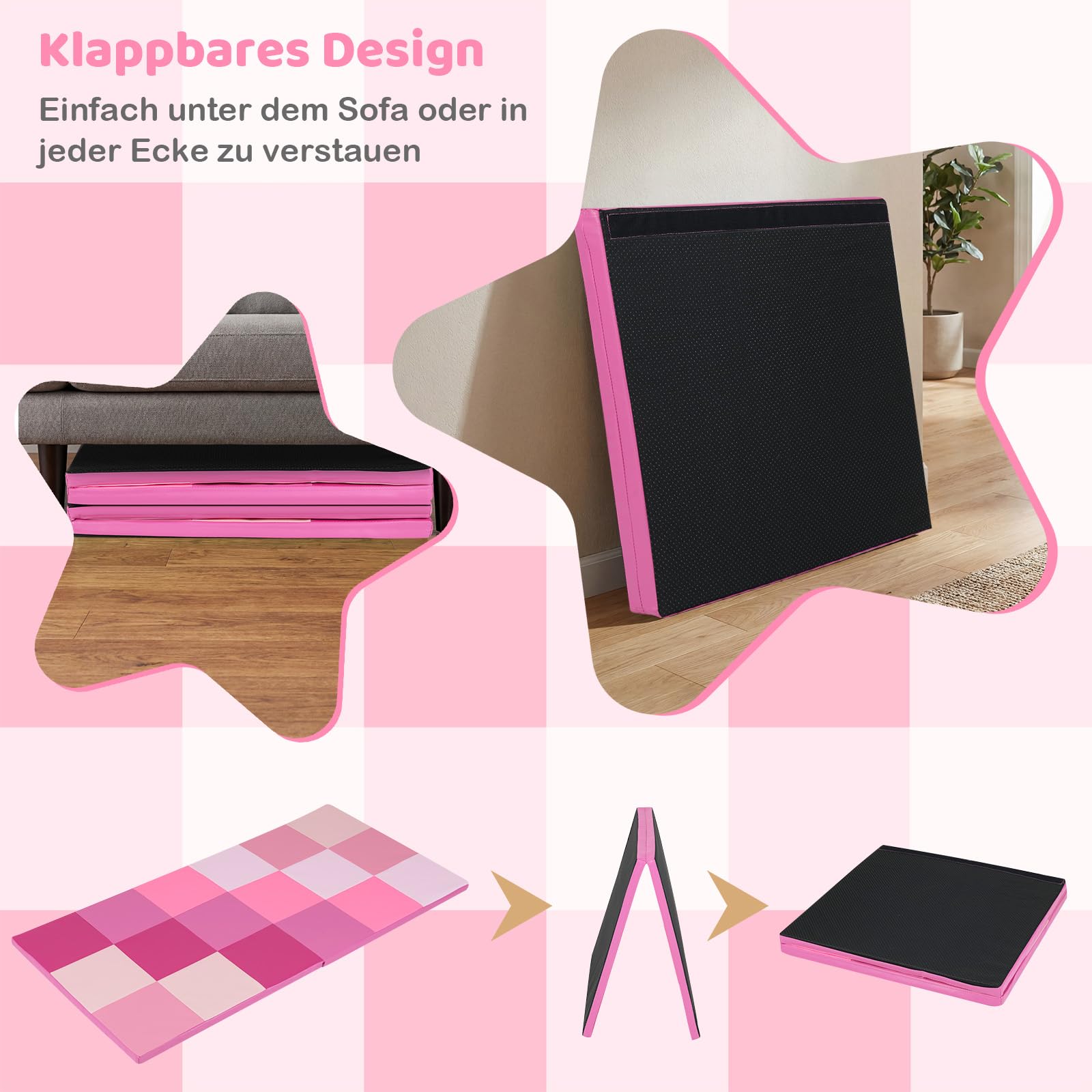 COSTWAY 2 teilige Krabblematte Baby faltbar, 144 x 144 cm Spielmatte mit Kletterverschluss, Bodenmatte aus Kunstleder & Schaumstoff, Spielteppich rutshfest für Kinderzimmer (Rosa)