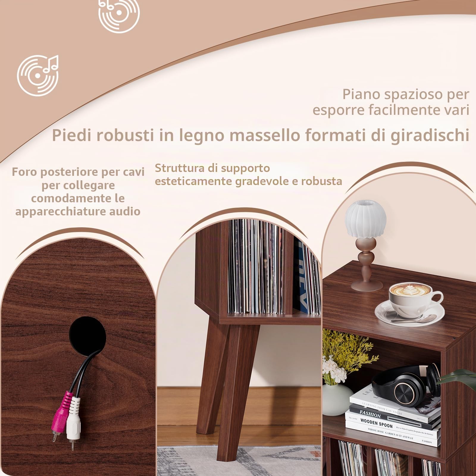 LELELINKY Supporto per giradischi, offre spazio fino a 160 album, supporto in vinile Mid-Century, tavolo con gambe in legno, noce