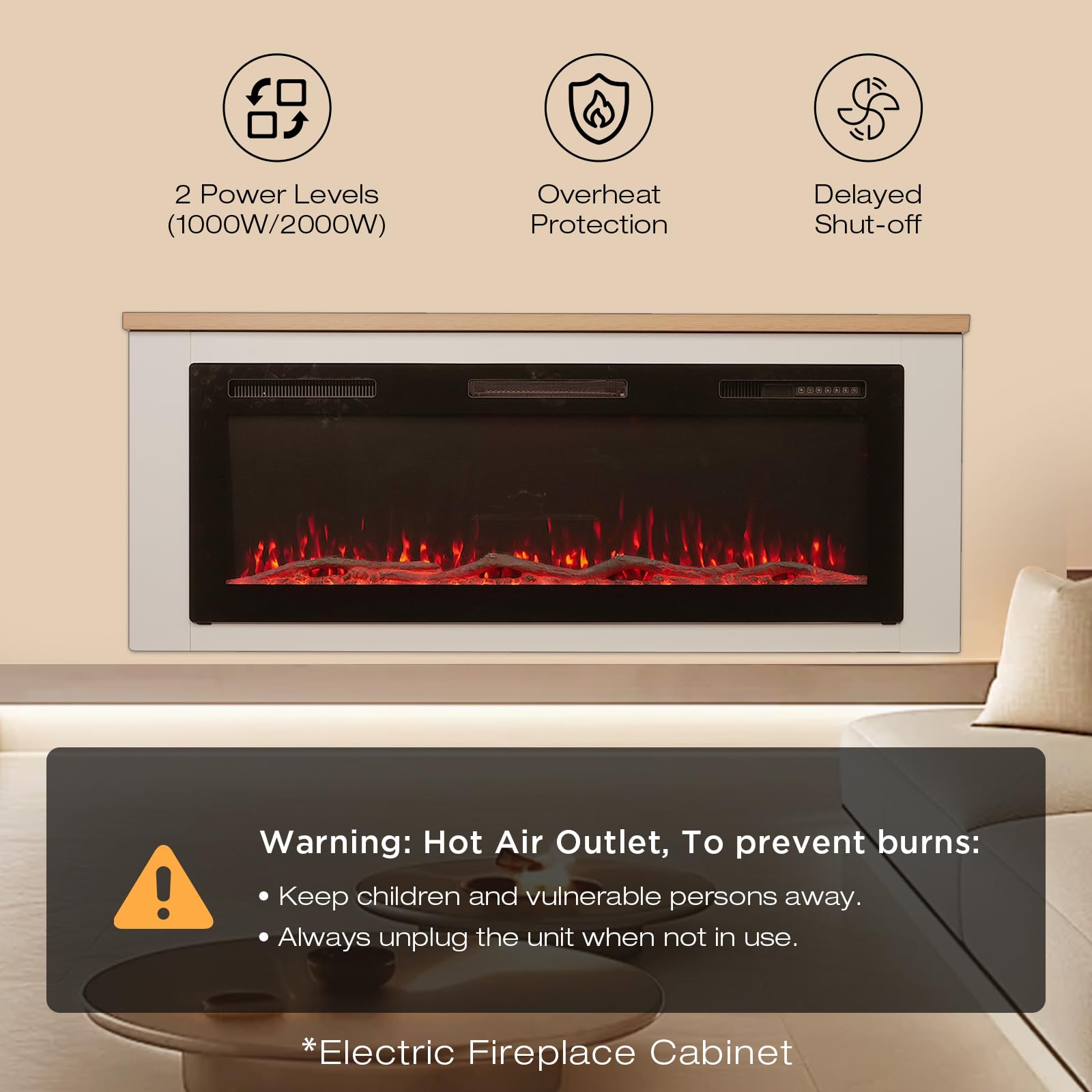 50 Zoll Elektrokamin, 1000W/2000W Elektrokamin mit Heizung, 12 3D-Flammenfarben, 12 Holzfeuerfarben, Fernbedienung & App-Steuerung, inklusive Schrank