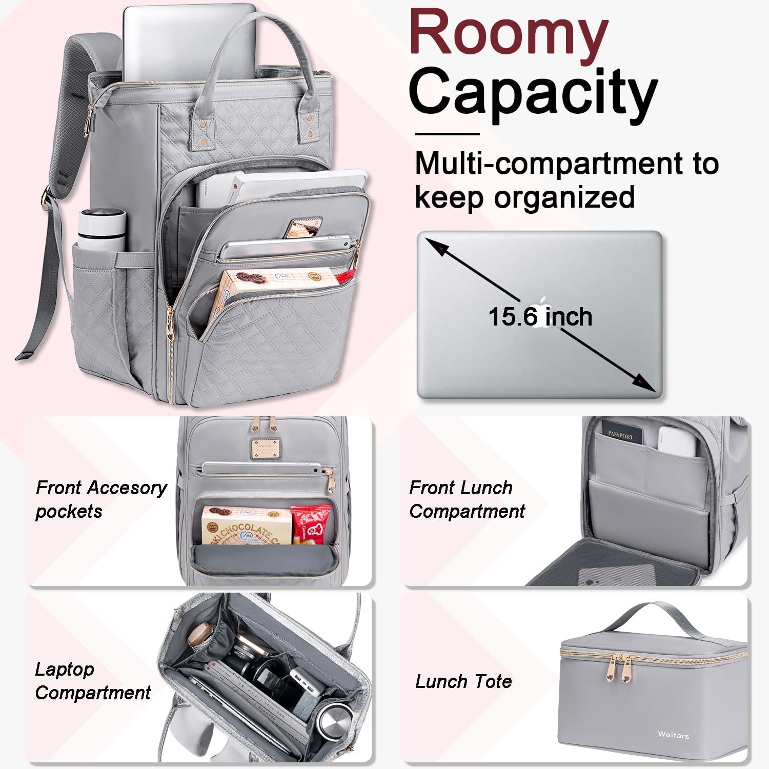 Weitars Lunch Backpack For Women,15.6 Inch Laptop Backpacks For Womens Back pack, Travel Backpacks,Work Backpack For Women (Gray) - Image 2