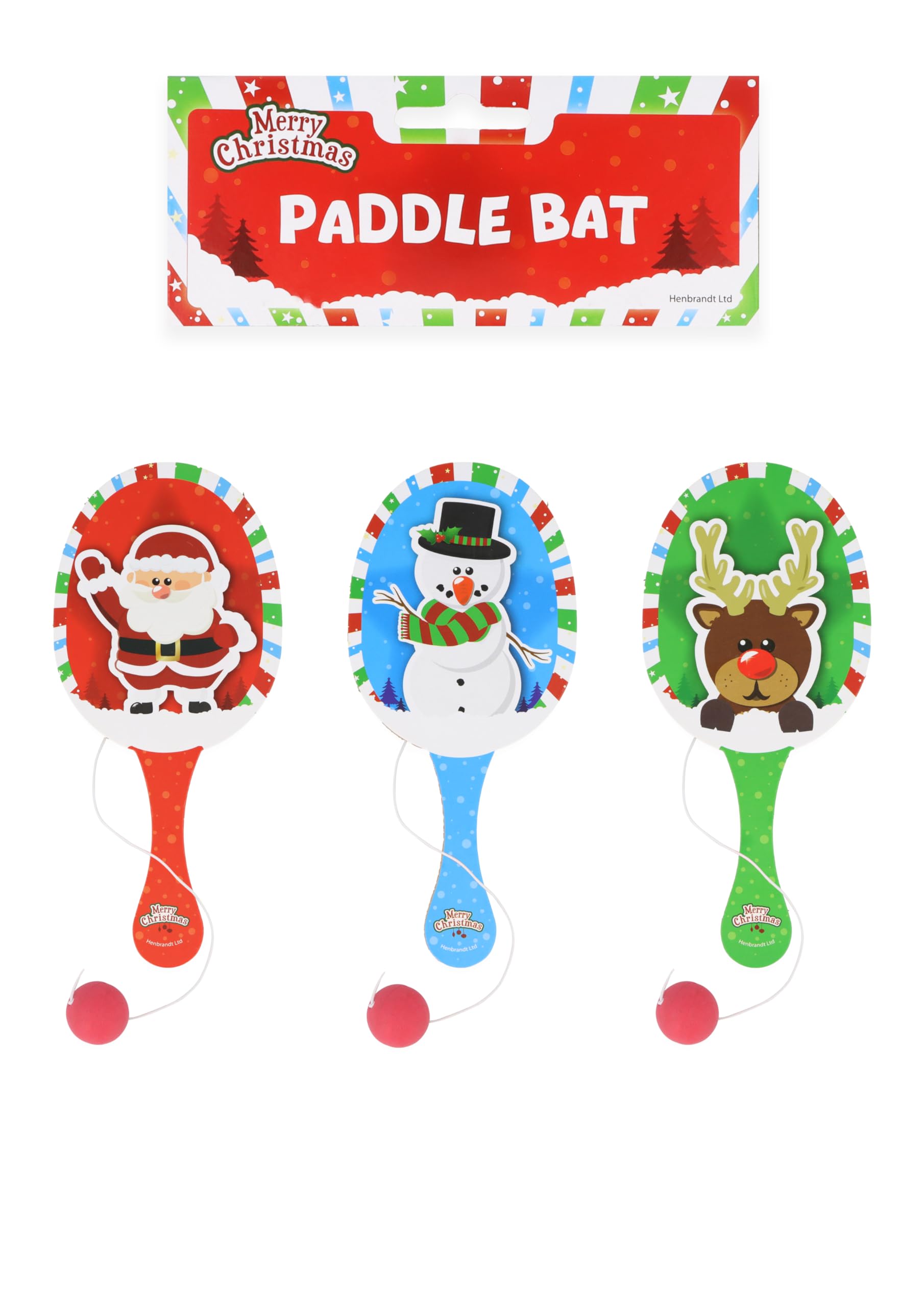 HENBRANDT Single Christmas Wooden Paddle Bat and Ball Game for Kids Unisex Party Bag Favours Loot Bag Stocking Fillers Xmas Gifts Snowman Santa Claus Elf Game for Boys and Girls