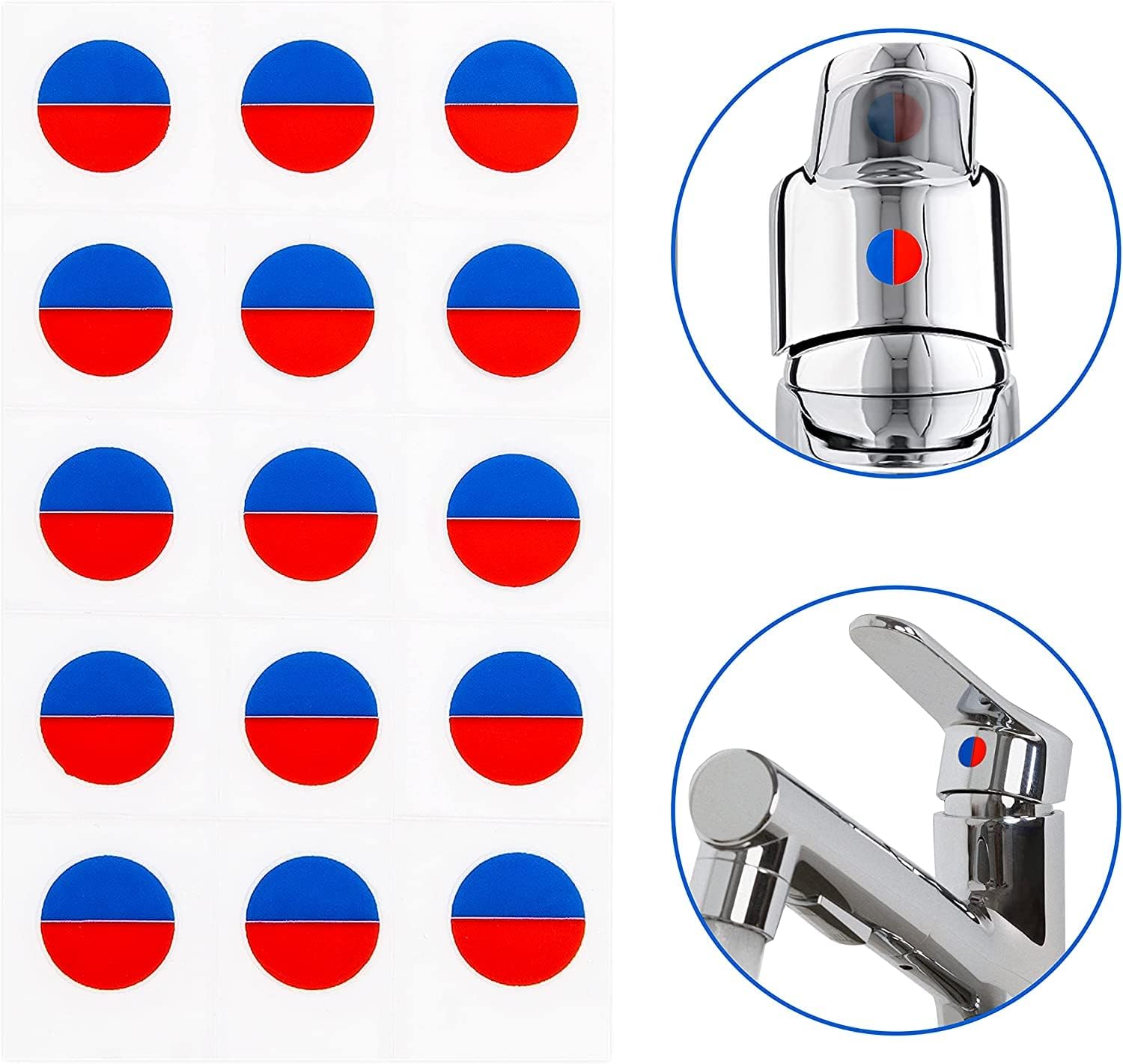 Faucet Stickers, 15 Hot and Cold Water Stickers - Kitchen Faucet Stickers - Red & Blue Vinyl Tap Faucet Transfer Stickers for Bathroom ((H & C - Circle))