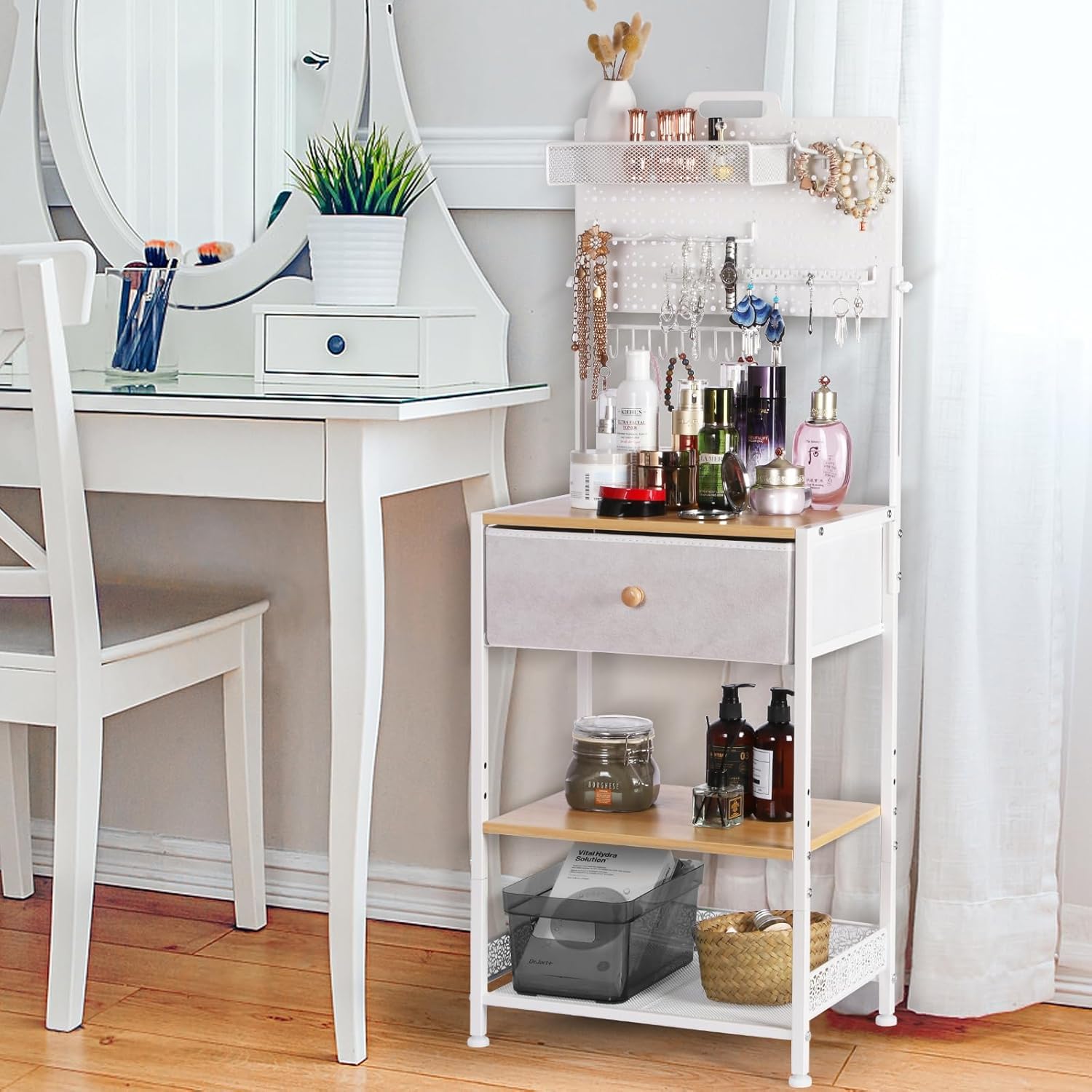 HYCFYJR Table de Chevet avec Porte Bijoux, Table de Nuit avec Tiroir en Tissu, Moderne Chevet de Lit, Bout de Canape pour Chambre, Salon, Naturel Blanc