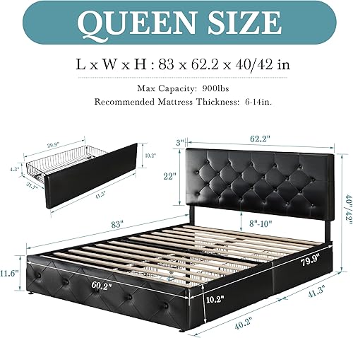 Miniatura 61 de HOOMIC Base de cama de almacenamiento de plataforma de tamaño matrimonial con 4 cajones y cabecera ajustable, listones de madera, no necesita Negro,