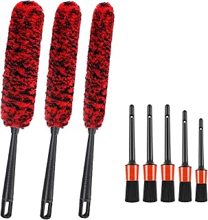 8 Pack Long Handle Wheel Brush Kit Including 3PCS Metal Free Soft Wheel Cleaner Brush & 5PCS Detailing Brush, Scratch Free Car Wheel Rim Brush Kit for Cleaning Wheels, Rims, Spokes