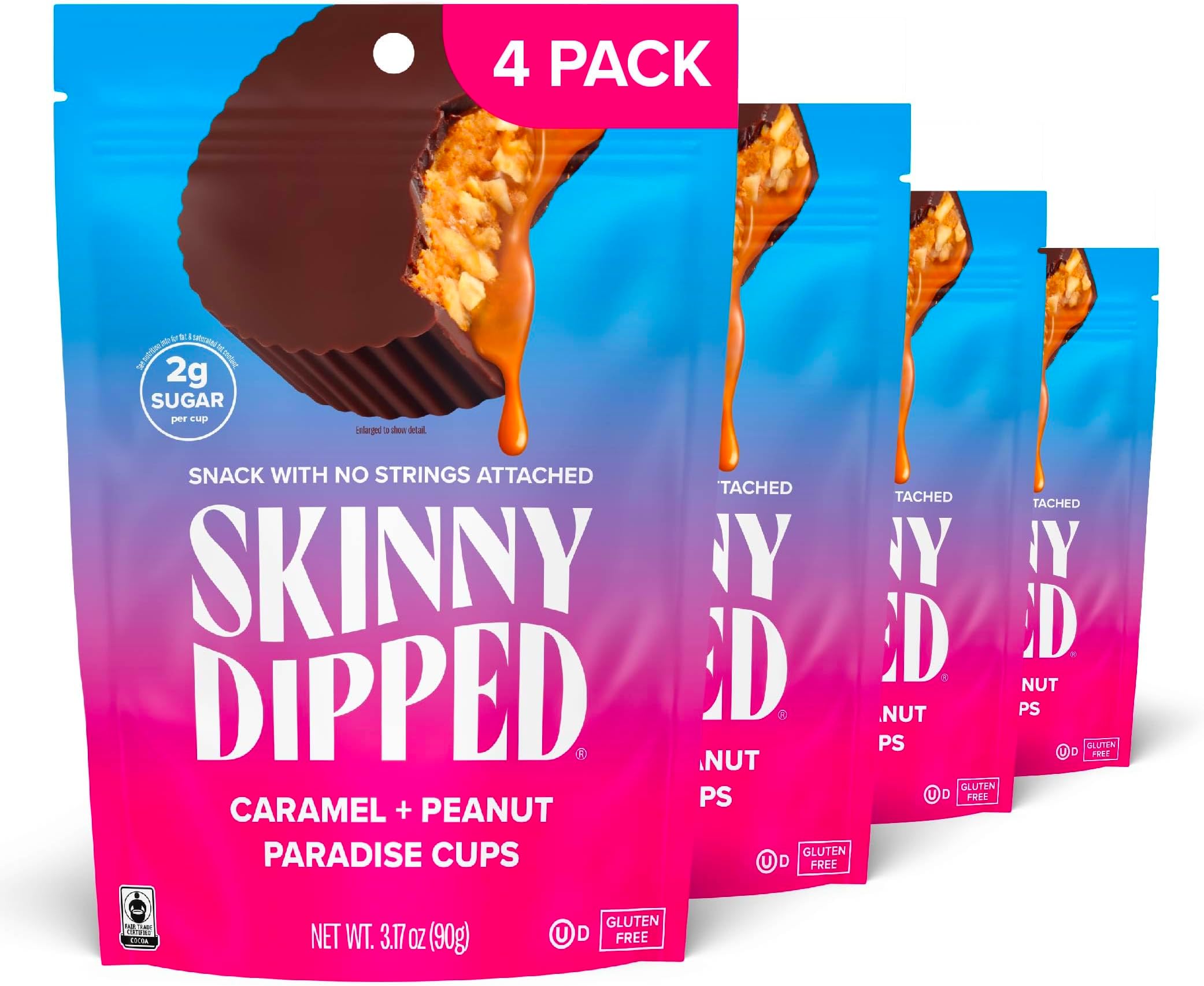 SkinnyDipped Caramel Peanut Paradise Cups, 2g Sugar per Cup, Gluten Free, Low Carb Snack, 3.2oz Resealable Bags, 6 Count (Pack of 4)