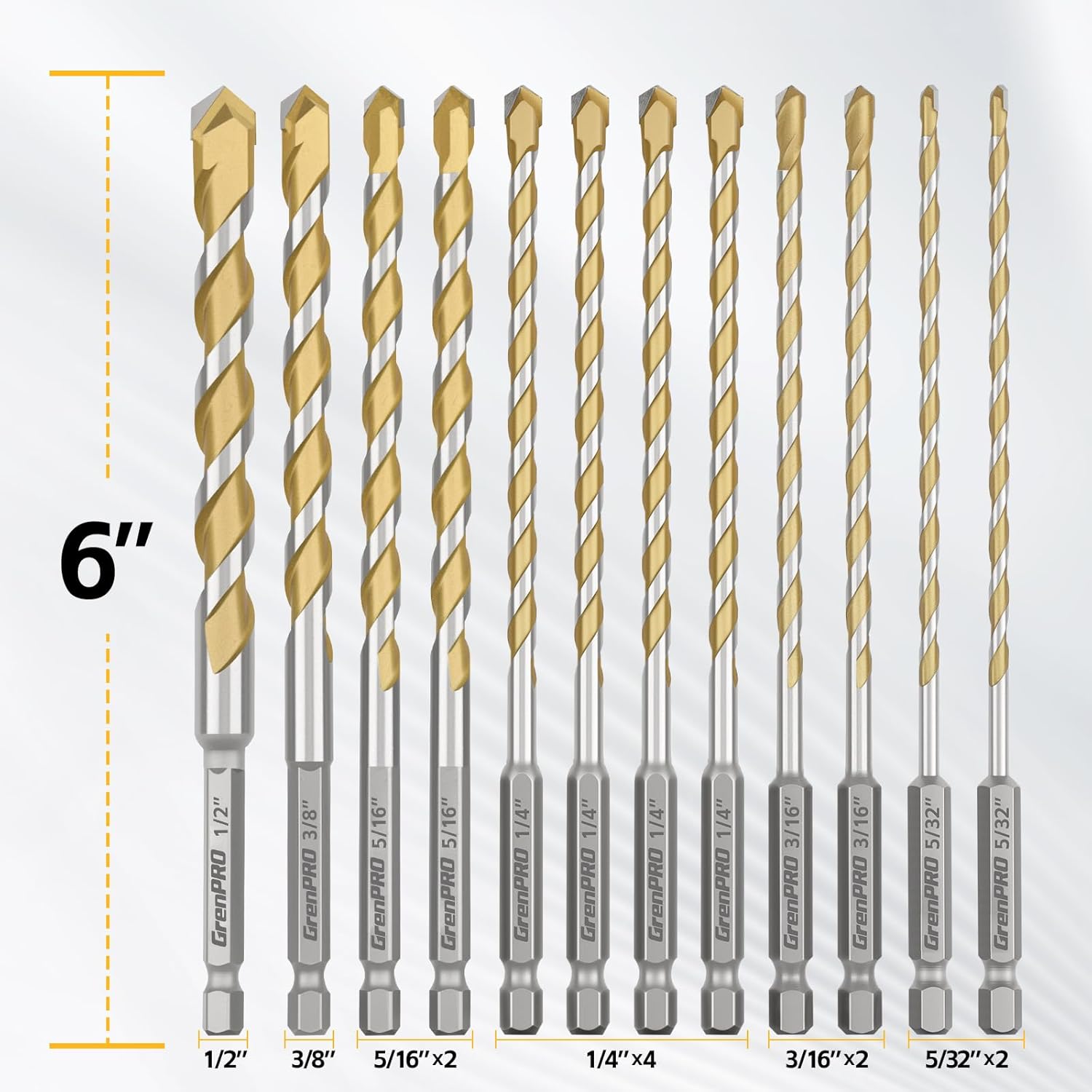 GRENPRO 12PCS Concrete Carbide Drill Bits，Hex Shank Masonry Drill Bit Set, 5/32"-1/2" Tungsten Steel Bits for Concrete/Brick/Glass/Ceramic/Tile/Cement/Plastic Home DIY & Construction Projects