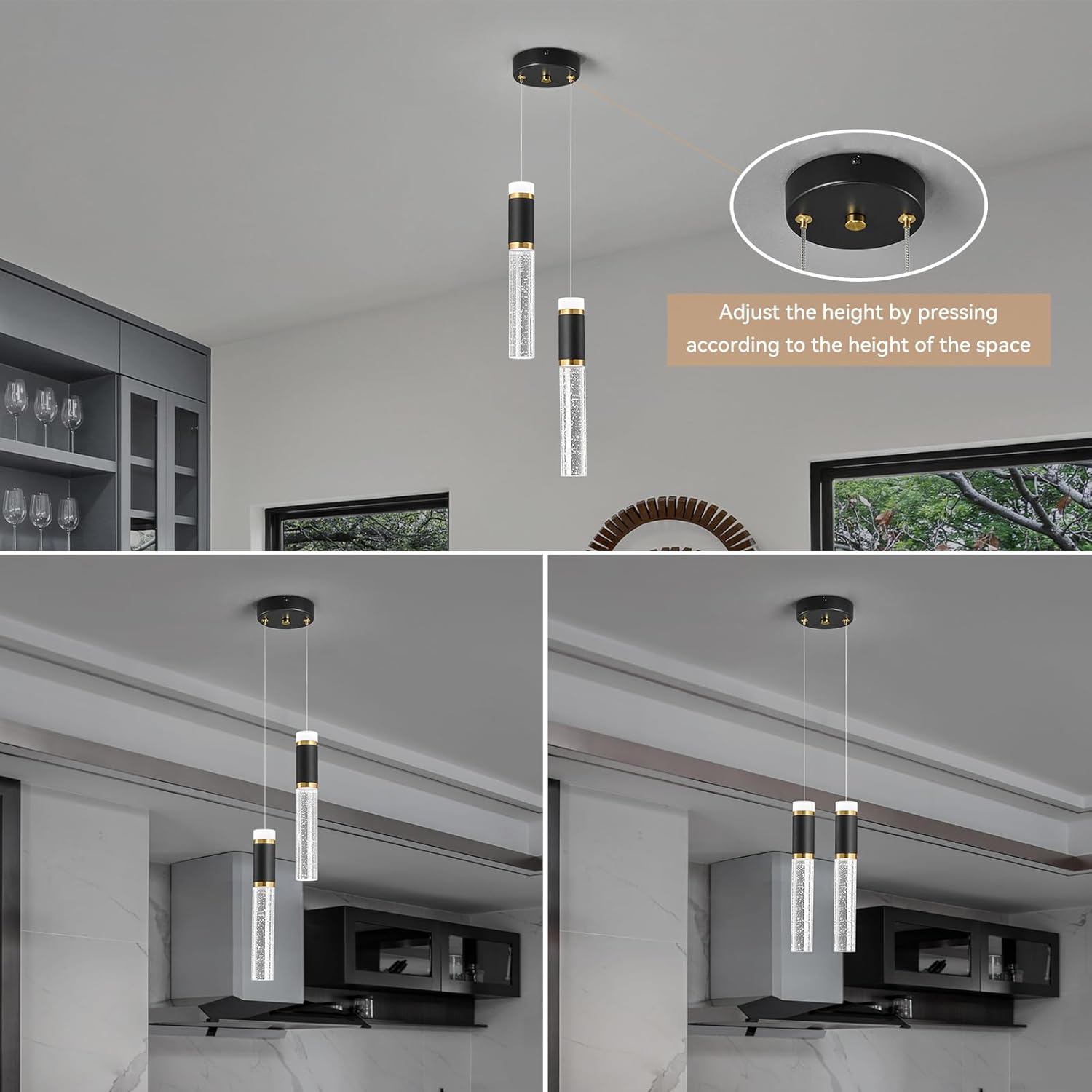 2-Light Pendant Lights Kitchen Island Black Small Pendant Lights, Dimmable LED Hanging Light with Bubble Crystal Pendant Light Modern Black Gold Mini Pendant Light