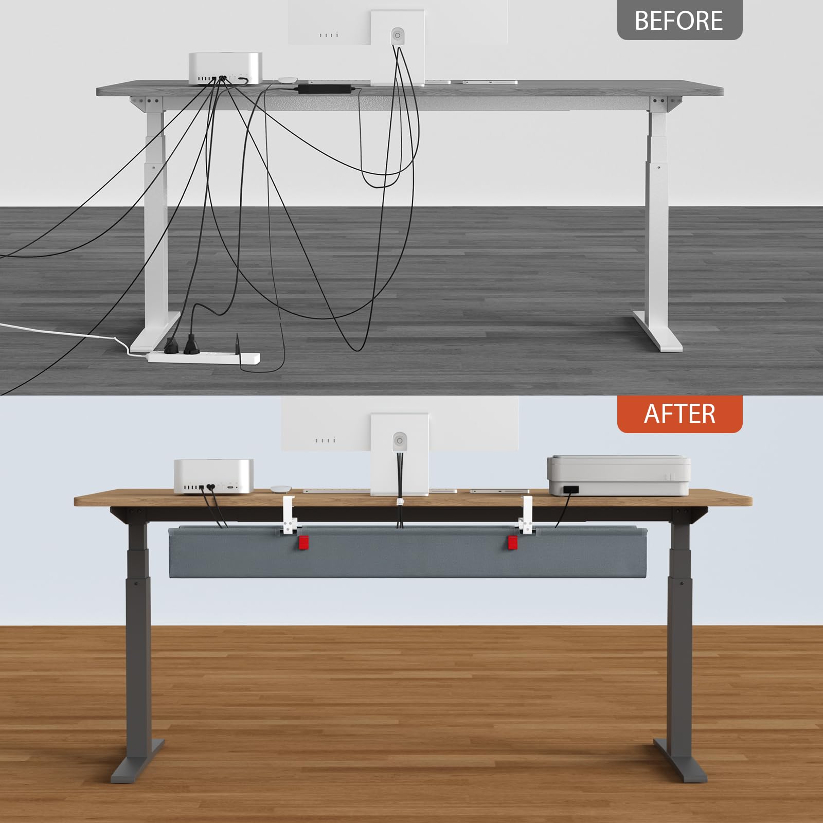 Univivi Kabelkanal Schreibtisch Grau, 120cm Ohne Bohren Kabelmanagement Schreibtisch Fexibel Oganizer, Klemmen/Schraubmontage, Stabiles Wasserfestes Kabeltray für Büro und Zuhause