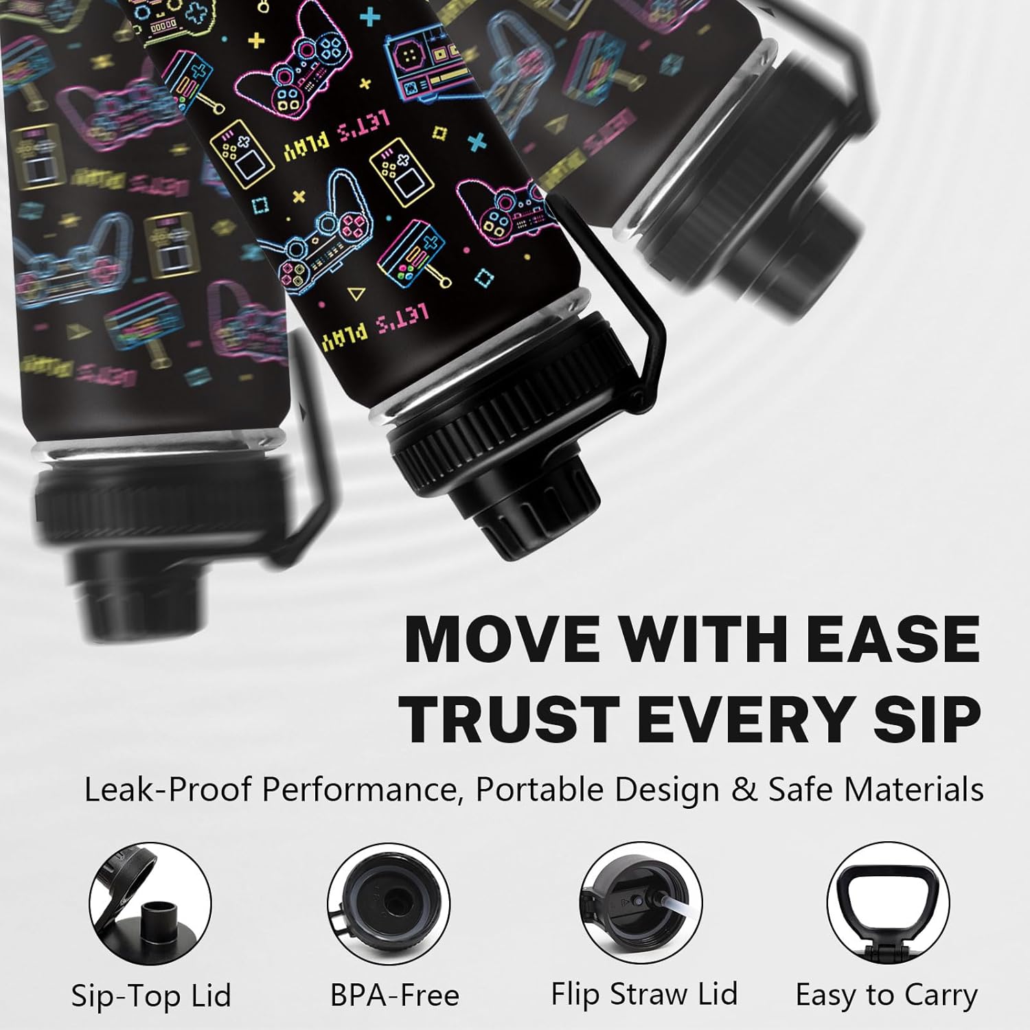 Game Water Bottle for Son, Stainless Steel Insulated Tumbler for Home with 2 Lids & Handle, Antislip Silicone Boot, 18oz Reusable Leak-Proof Bottle for Sports, 1 PCS - Image 4