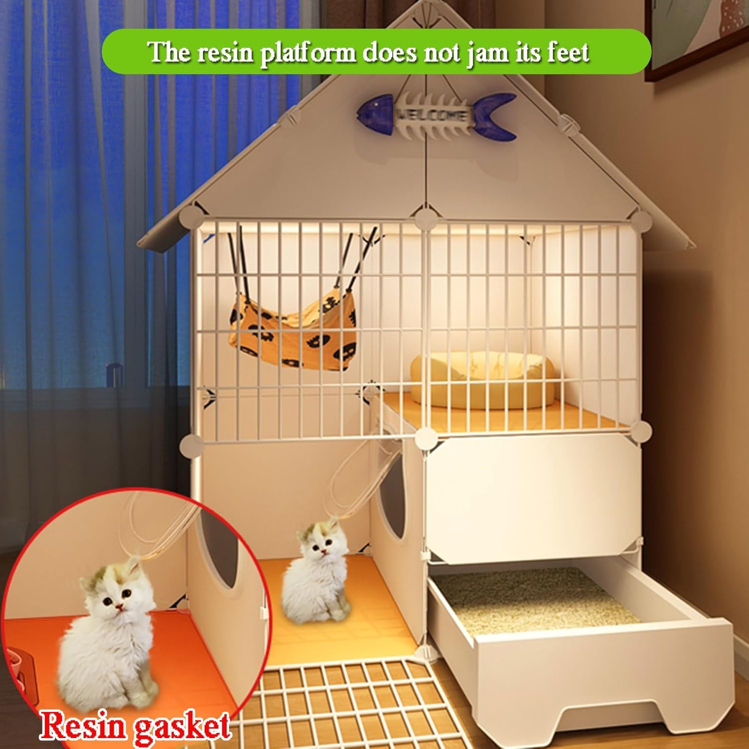 2 Tier Cat Enclosures, Cat Cage Indoor, Cat Playpen, with Litter Box, Iron Mesh, Resin, Cat Playpen Detachable, Cat House, for Kitten Small Animals(Gray,29.5x29.5x42.9in)