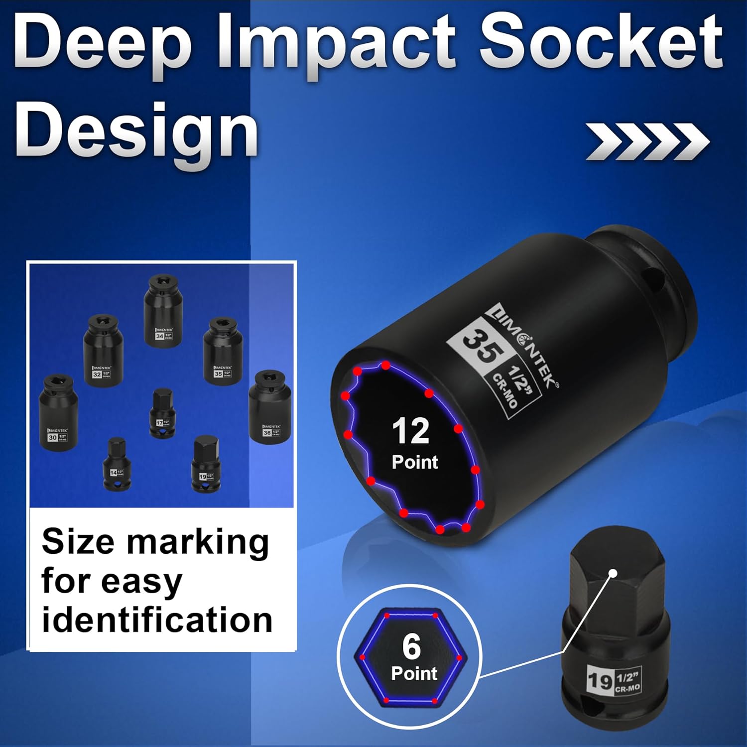 12 Point Axle Nut Socket Set 1/2'' Drive Spindle Nut Socket Set, 8pcs Deep Impact Socket Set 14mm 17mm 19mm 30mm 32mm 34mm 35mm 36mm