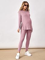 Vista 5 de OYOANGLE Conjunto de camiseta de maternidad con cuello redondo y nudo lateral para mujer