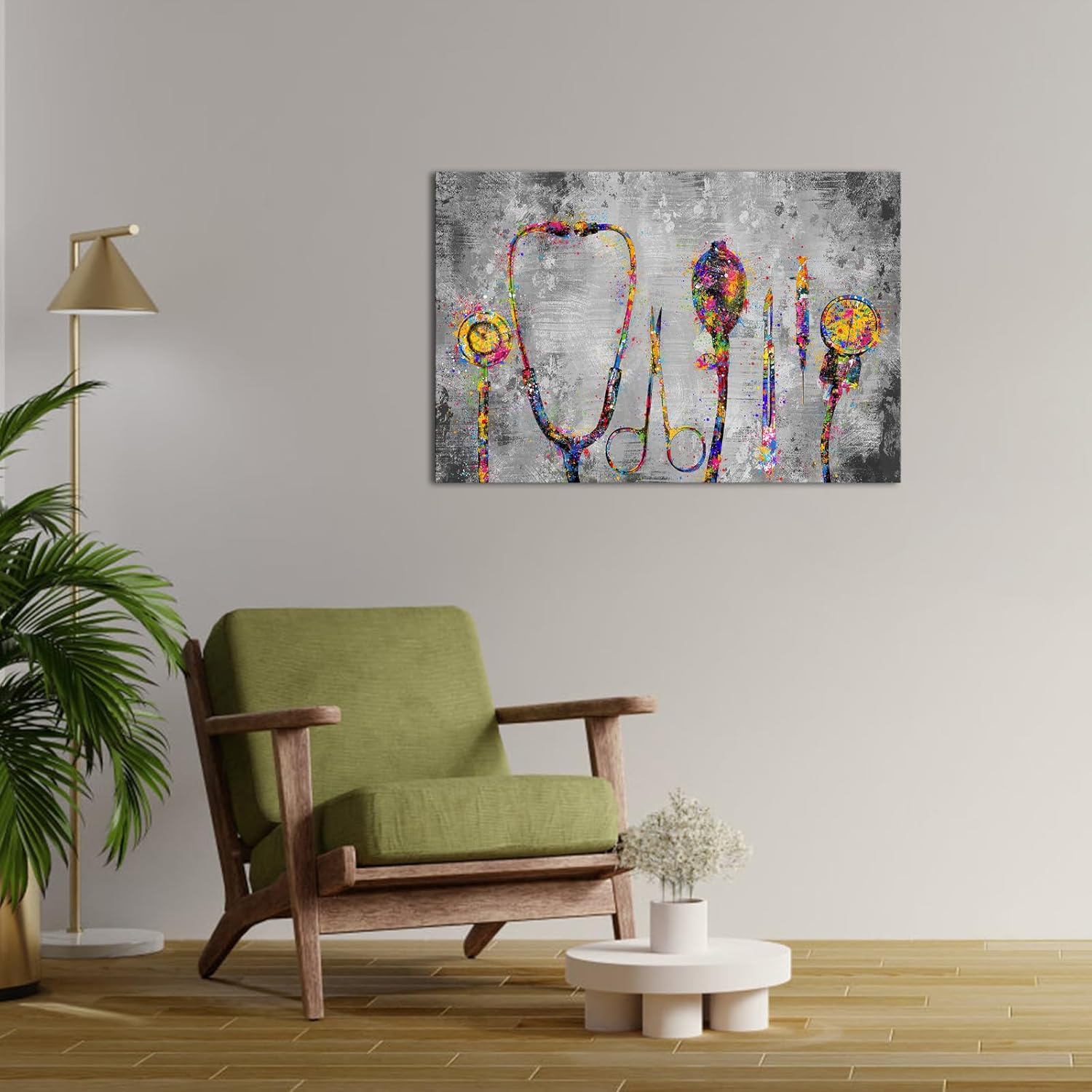 iHAPPYWALL Large Abstract Stethophone Stopwatch Canvas Wall Art Medical Apparatus Tools Grey Artwork for Modern Scenic Hospital Office Home Doctor Ready to Hang 24x36inch