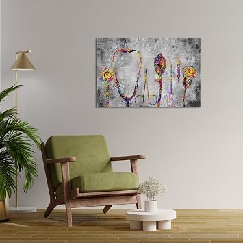 iHAPPYWALL Large Abstract Stethophone Stopwatch Canvas Wall Art Medical Apparatus Tools Grey Artwork for Modern Scenic Hospital Office Home Doctor Ready to Hang 24x36inch
