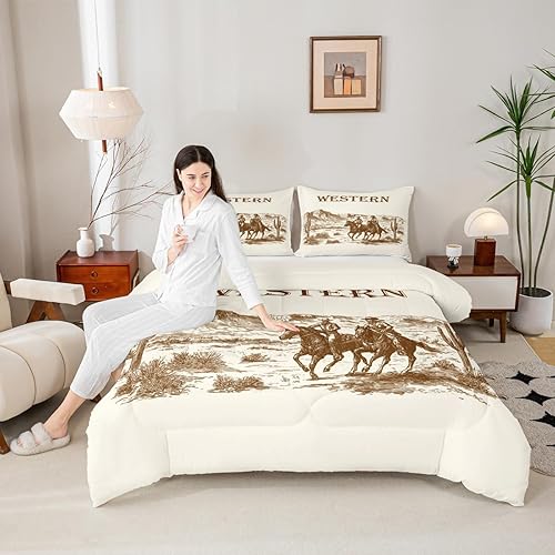 Manfei Western Cowboys - Juego de edredón para niños, tamaño matrimonial, juego de ropa de cama retro con plantas del desierto de cactus, decoración
