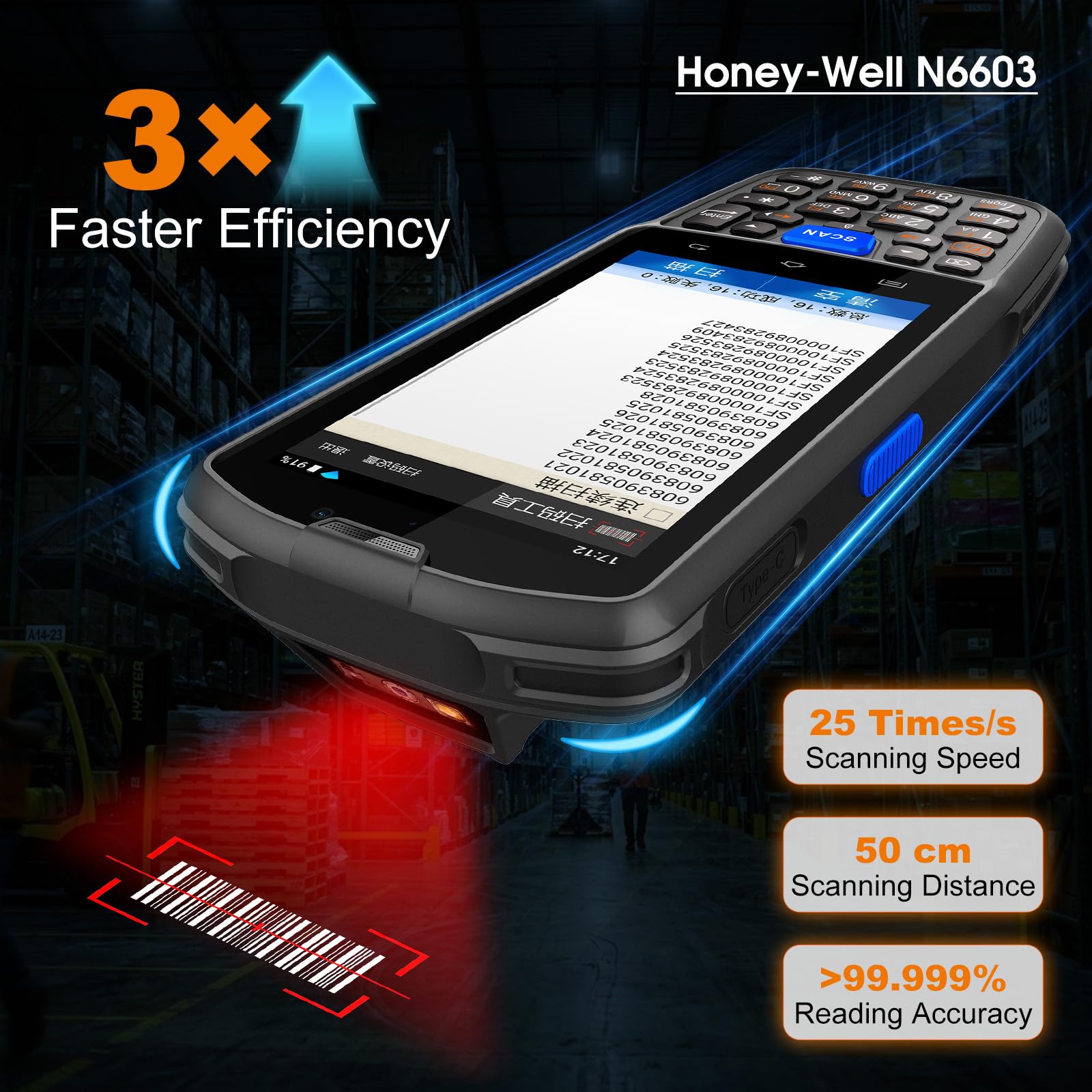 PDA con escáner de códigos de Barras Farset F7-WiFi, Android 14, Motor de escaneo 1D/2D/QR con Licencia Zebra SE6100, batería reemplazable de 5000 mAh, certificación IP67.