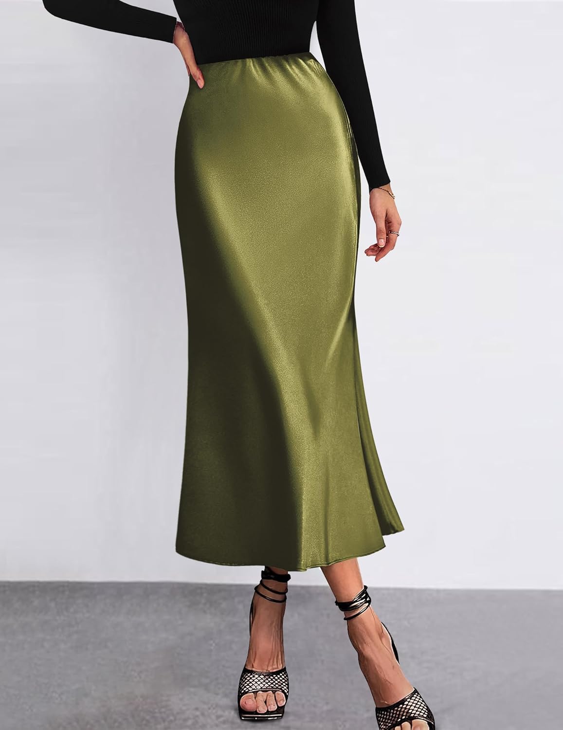 HOTOUCH Womens Green Skirt High Waist Satin Long Casual Silk Skirts Silk Skirt Flared A-Line Midi Skirts L - Image 2