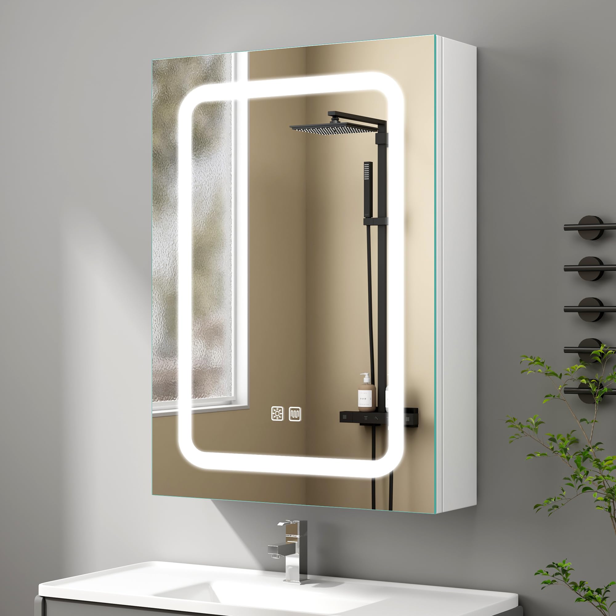 S'bagno Armario Espejo Baño con Luz 70x50 cm, Armario de Baño con Espejo y LED, Antivaho 3 Colores y Estantes Ajustable, IP44 Armario Baño con Espejo y Tomas, Vidrio Reforzado, Memoria, Blanco