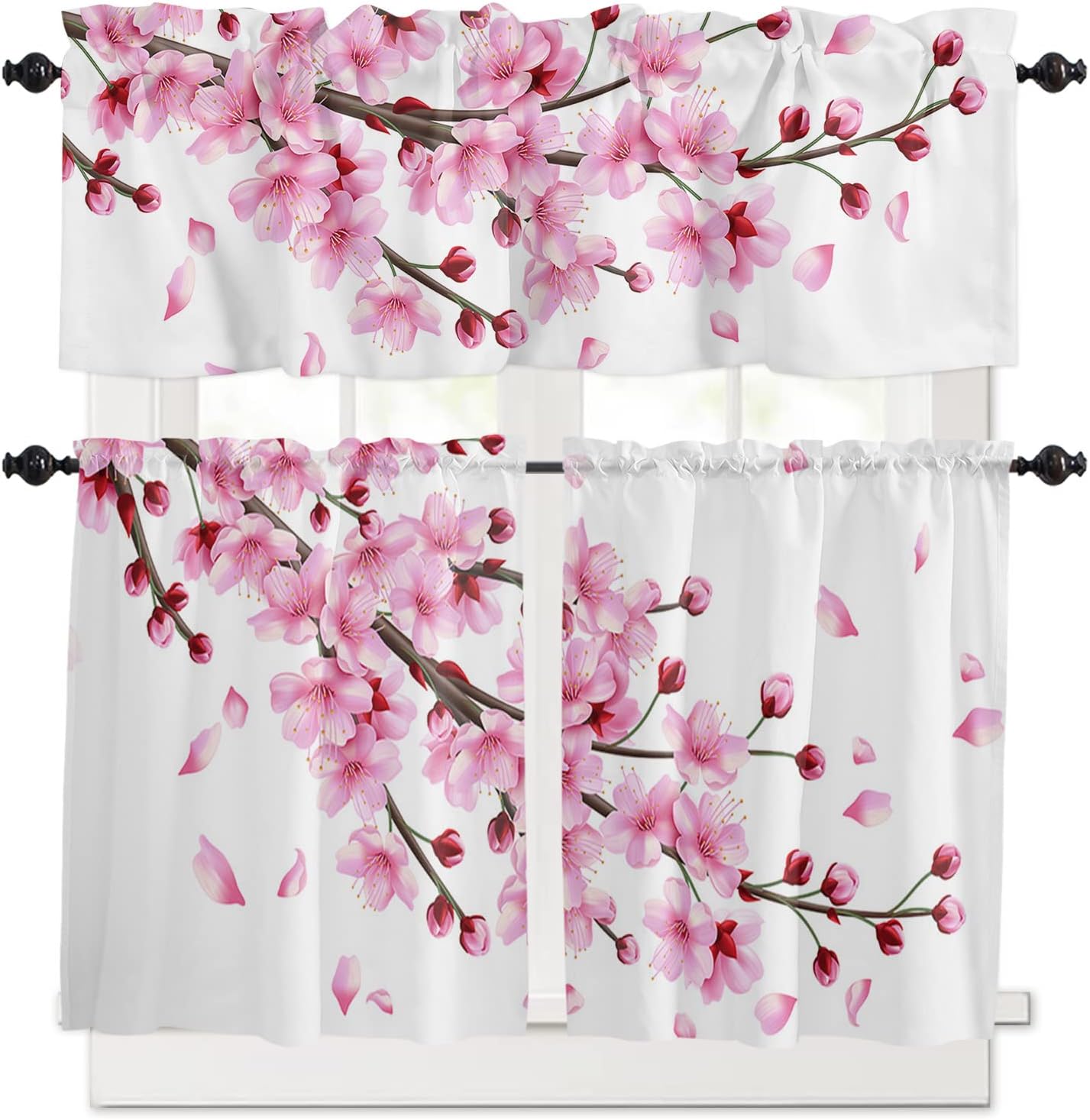 3 Pieces Kitchen Curtains & Valances Set, Cherry Blossoms Flower, Short Curtain Rod Pocket Window Curtain, Spring Pink Floral, Window Treatment Tiers Valances (Single Panel 54"x18",2 Tiers 27.5"x36")