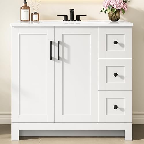 LIKIMIO 36 Inch Bathroom Vanity with Sink, White Freestanding Vanity with Ceramic Sink, Soft-Close Drawers & Doors