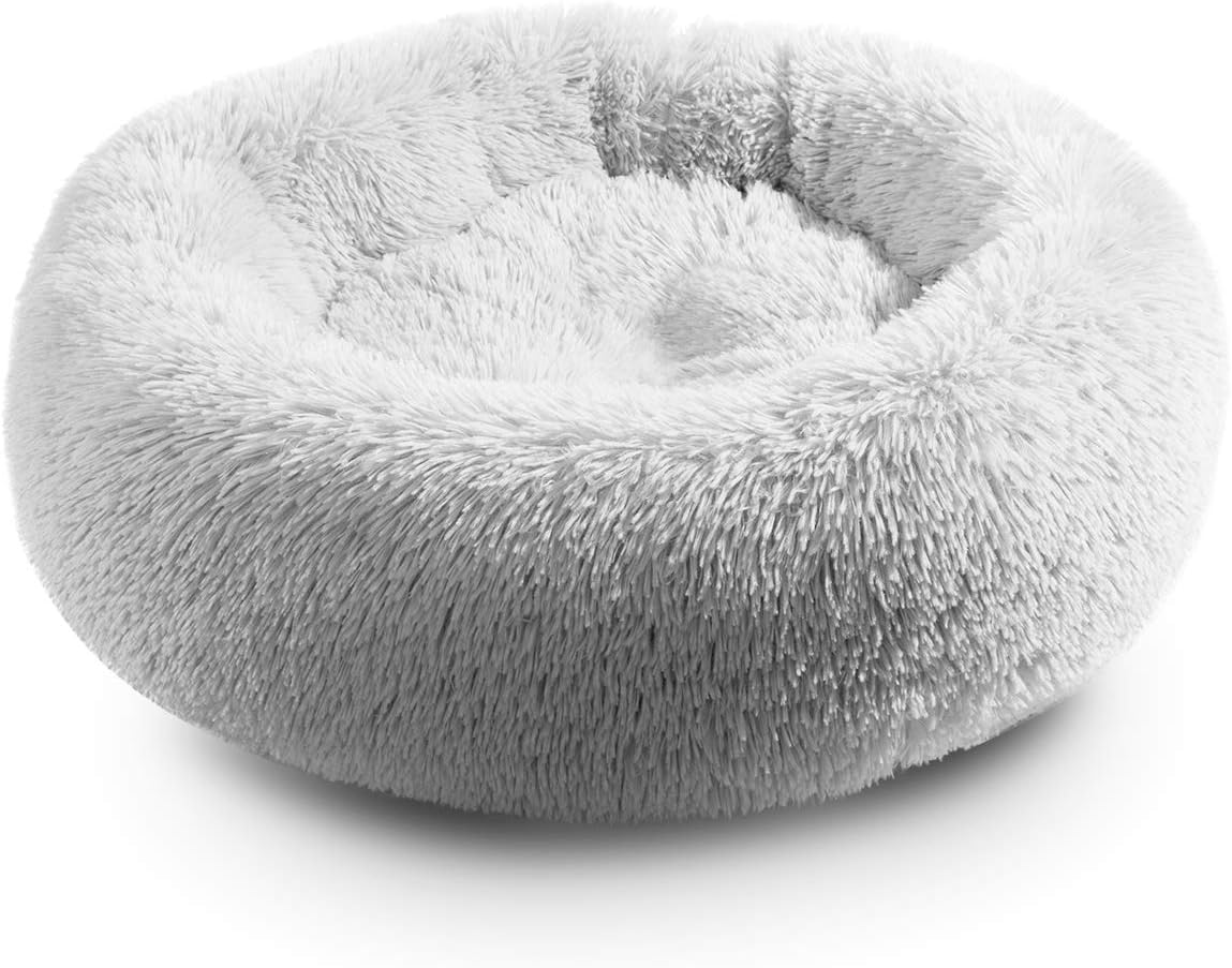 Hollypet Self-Warming Donut Pet Bed Luxury Cozy Nest Sleeping Bed Round Faux Fur Bed for Cats and Small Medium Dogs, Gray, 24"