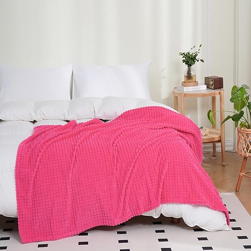 Miniatura 5 de Puncuntex Manta de franela de forro polar, color rosa intenso de 50 x 60 pulgadas, manta acogedora de felpa súper suave con diseño de cuadrícula
