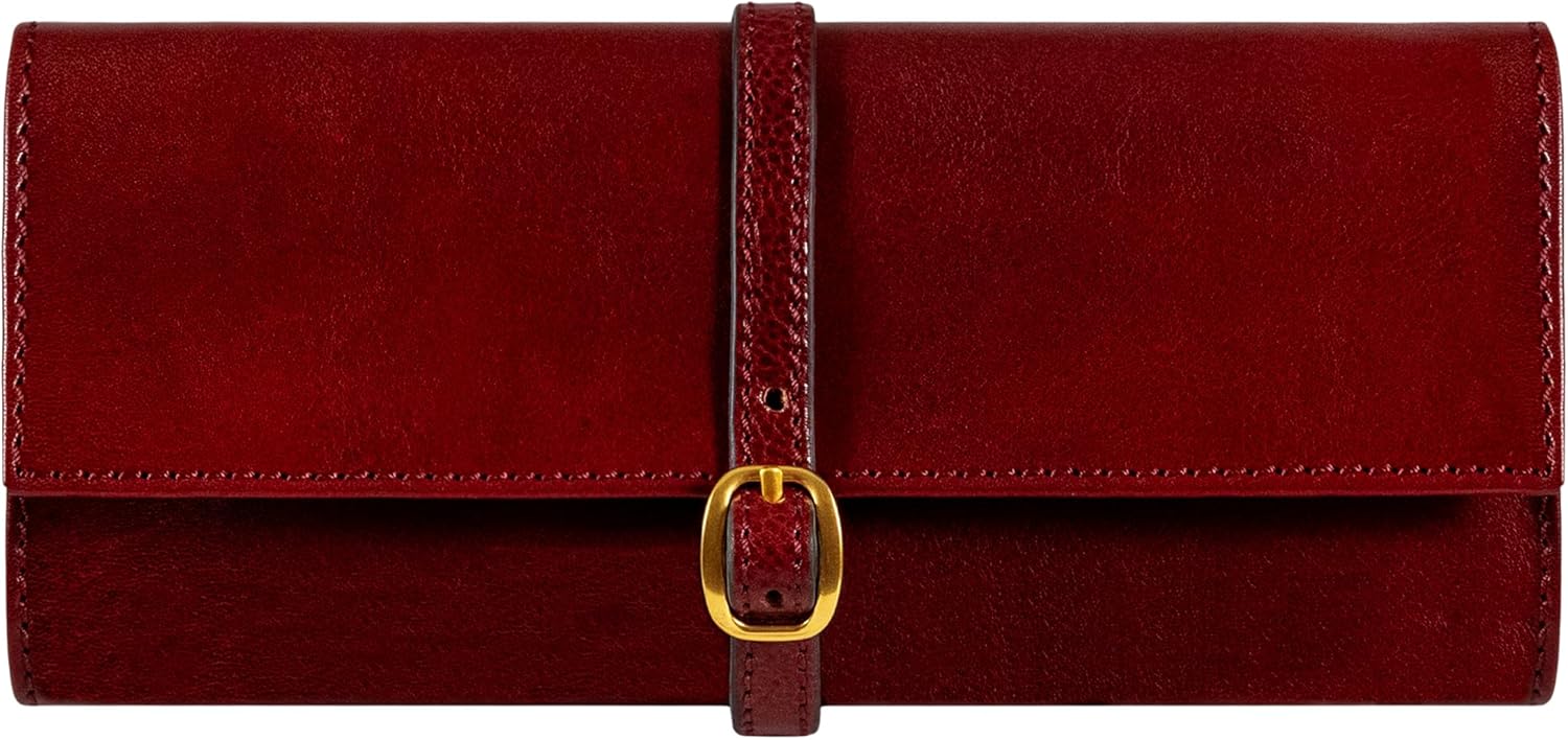 Time Resistance Leather Jewelry Roll - Red Full Grain Leather Travel Jewelry Case - Jewellery Organizer Made in Italy