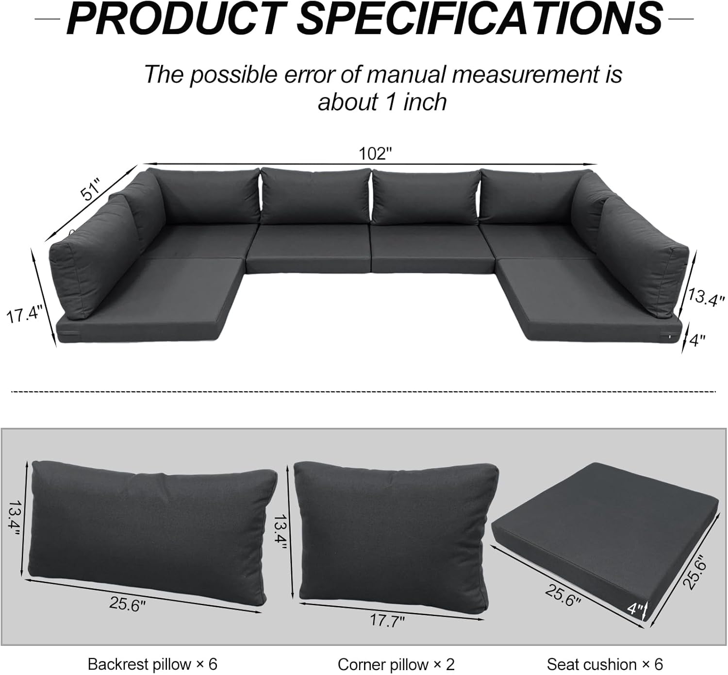Replacement Cushions for Outdoor Furniture, 14-Piece Patio Furniture Cushions with Non-Slip Bottom, Water-Resistant Deep Seat Cushion Set for 6 Seat Sectional Sofa, Dark Grey