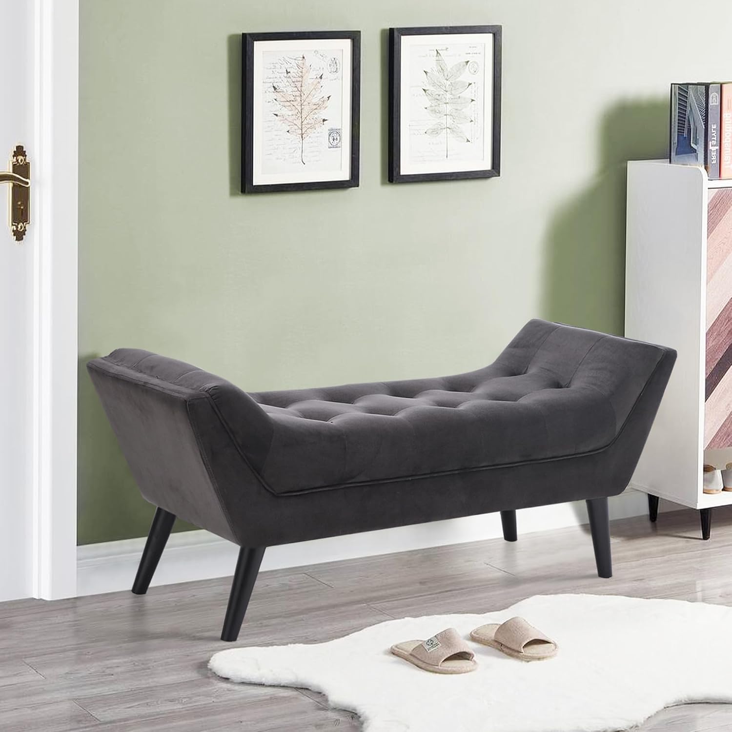 Alunaune Velvet Tufted Ottoman Bed Bench for Bedroom End of Bed Bench, Upholstered Entryway Bench Storage Ottoman Footstools with Wood Legs-2 Seater, Dark Gray