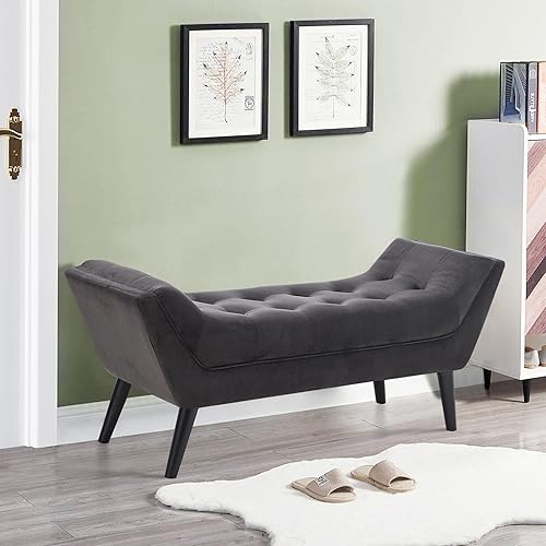 Alunaune Banco otomano de terciopelo para dormitorio, banco de entrada tapizado, reposapiés otomano con patas de madera, 2 plazas, color gris oscuro