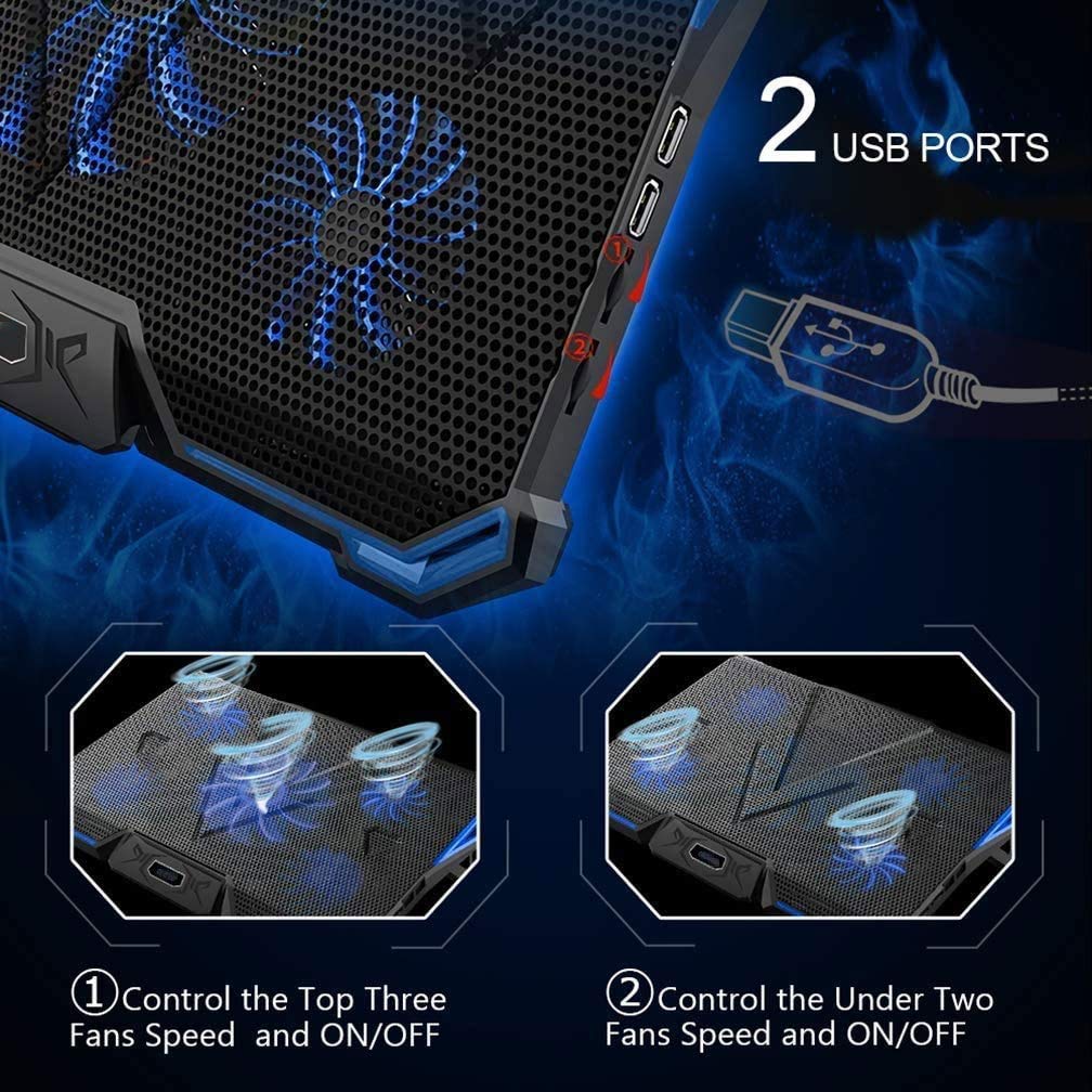 12-17 Inch Gaming Laptop Cooler Cooling Pad 5 Quiet Fans USB Powered Blue LED Light 7 Level Adjustable Mount Stands