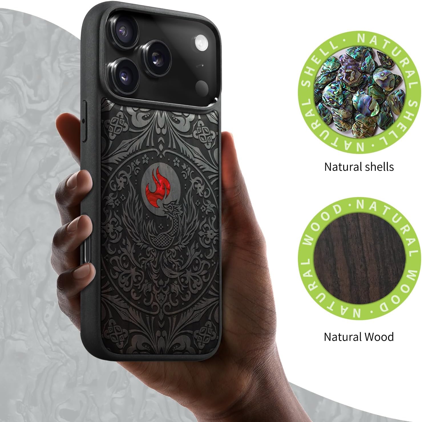 Carveit Magnetic Case for iPhone 17 Pro Max Case, Wood Artisan Engraved & Handmade Shell Inlaid, TPU Shockproof Cover, Compatible with MagSafe Wireless Chargers (Phoenix in Symmetry-Blackwood)