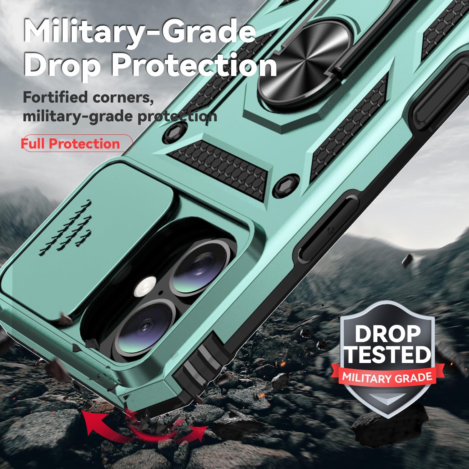 SunStory Phone Case for iPhone 16 Case with HD Screen Protector & Slide Camera Cover & Rotated Ring Kickstand, [Military-Grade] Phone Case for iPhone 16 6.1" (Green) - Image 6