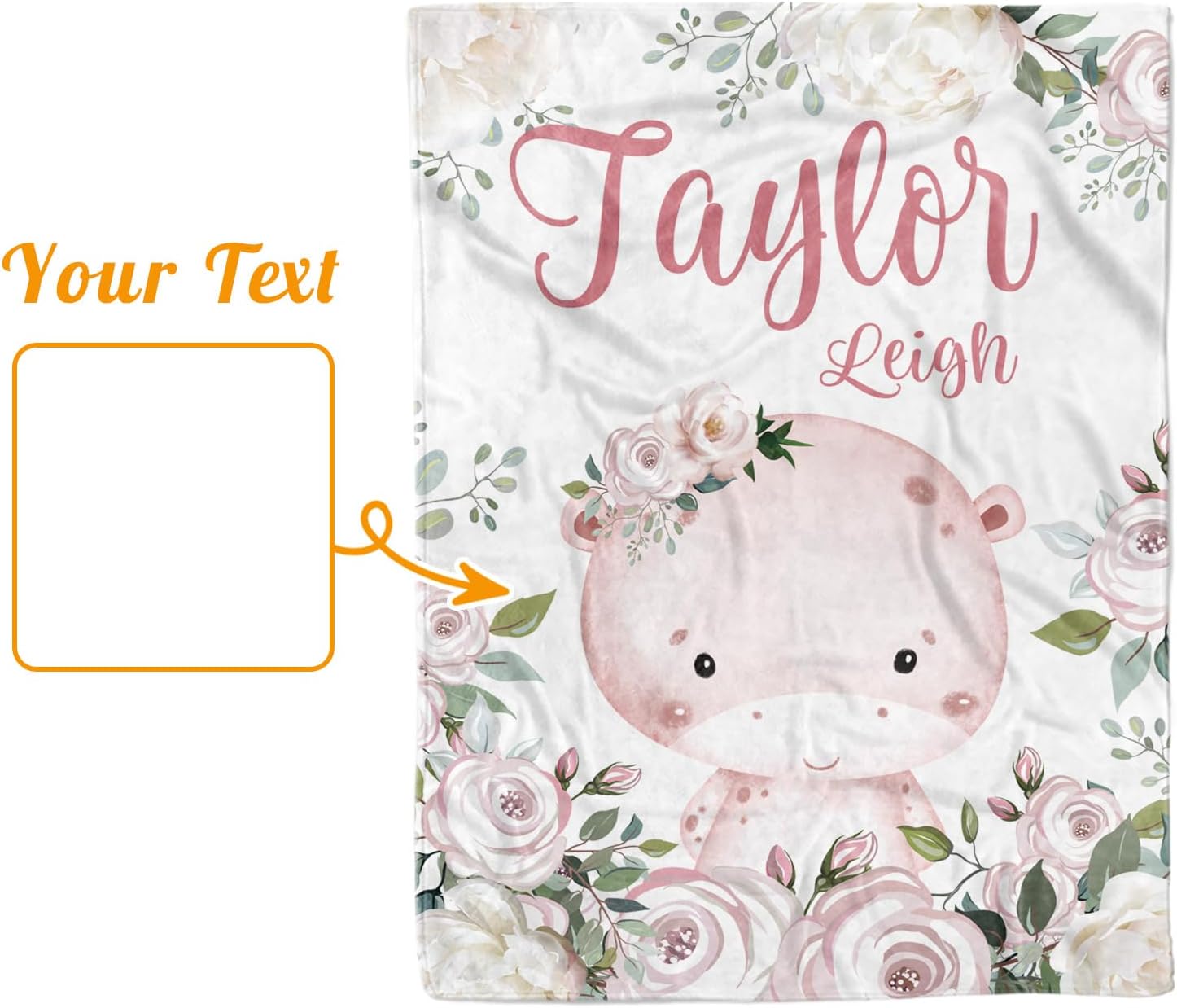 Personalized Baby Blanket - Nursery Bed Blanket for Boy Girl Toddler, Custom Name Infant Bedroom Nursery Decor, Pink Blossom Hippo(30”x40)