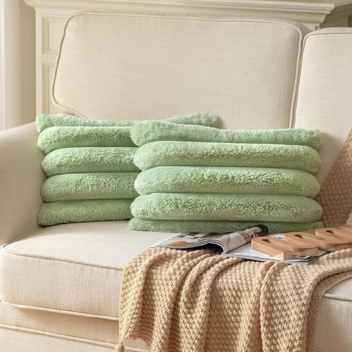 Juego de 2 fundas de almohada de felpa de pelo sintético de 12 x 20 pulgadas, fundas de almohada decorativas de lujo, a rayas, suaves y acogedoras