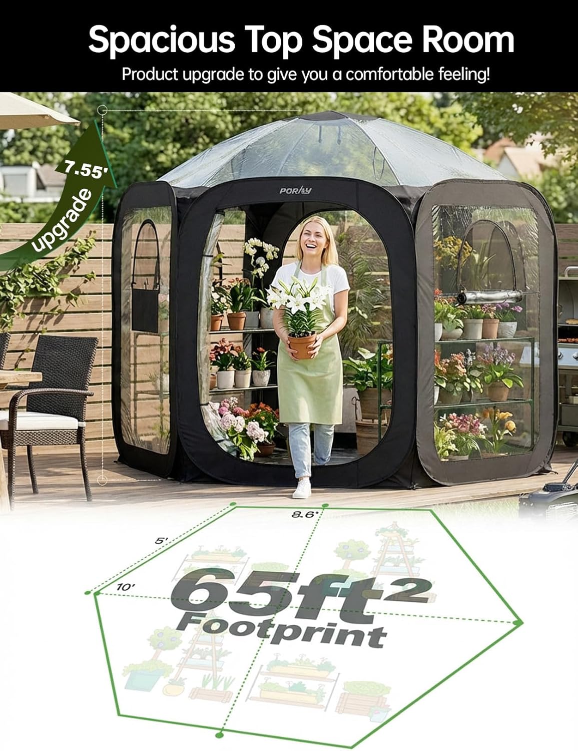 Porayhut Pop Up Greenhouse Tent,Portable Large Walk-in Plant House 10’X10’ ,Indoor Outdoor Gardening Plant Sunshine Room with PVC Mesh Cloth Cover for Protecting Plant from Cold Frost & Birds