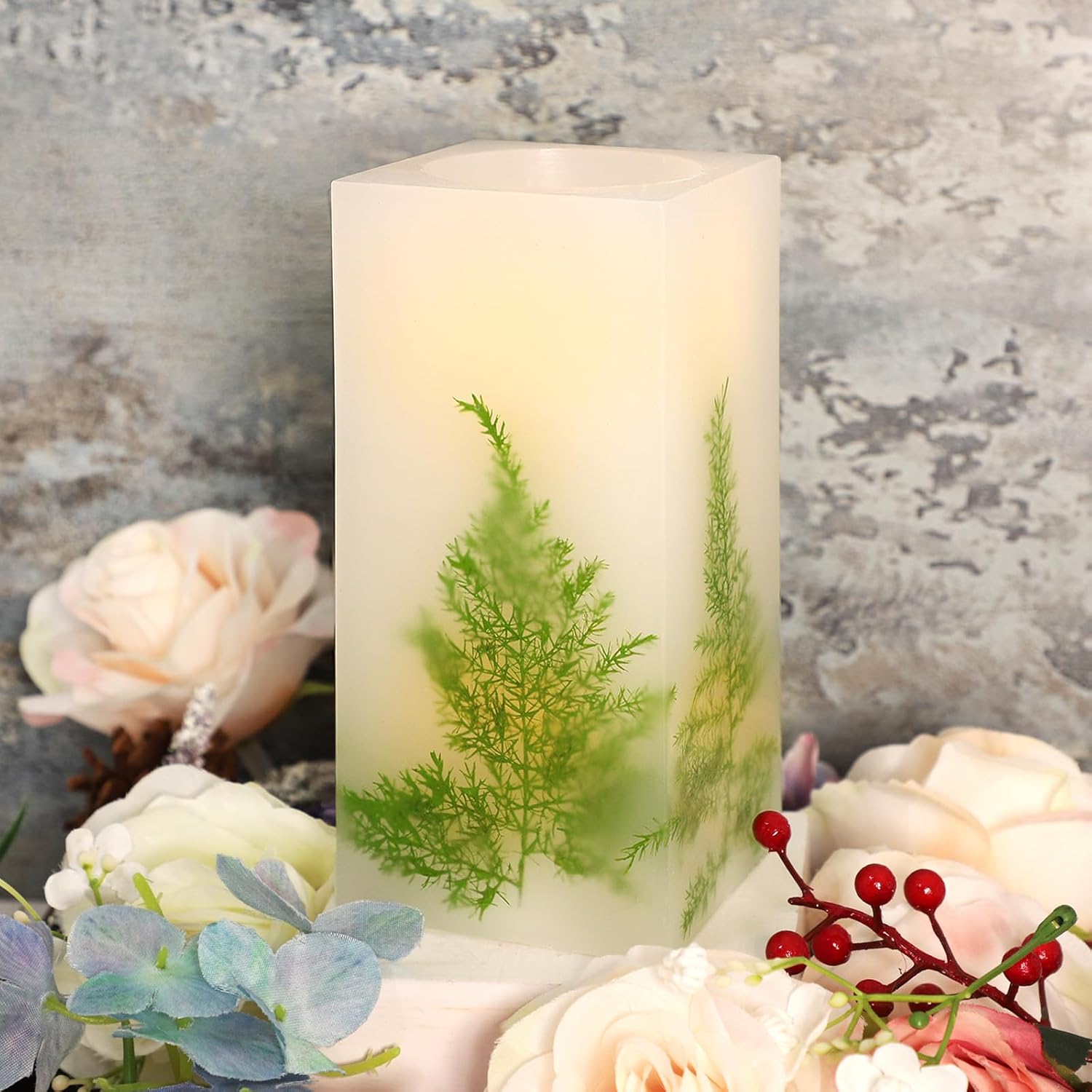 Crystal Club Flameless Candle Embedded with Asparagus, Battery Operated Real Wax Pillar LED Flickering Candle Single for Homer Decor (3.25" X 6")