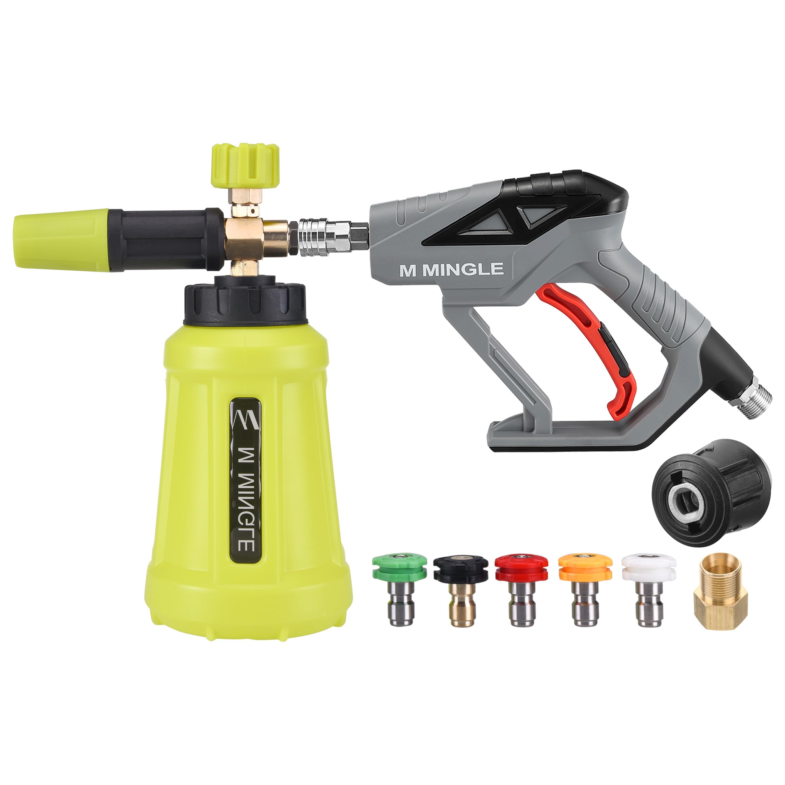 M MINGLE Hochdruckreiniger Pistole mit Schaumlanze, Kompatibel mit Karcher K2-K7 Schläuchen, 4000 PSI (276 bar) Hochdruck-Kanonen-Schaumblaster mit 1⁄4" Schnellkupplung und 5 Düsen