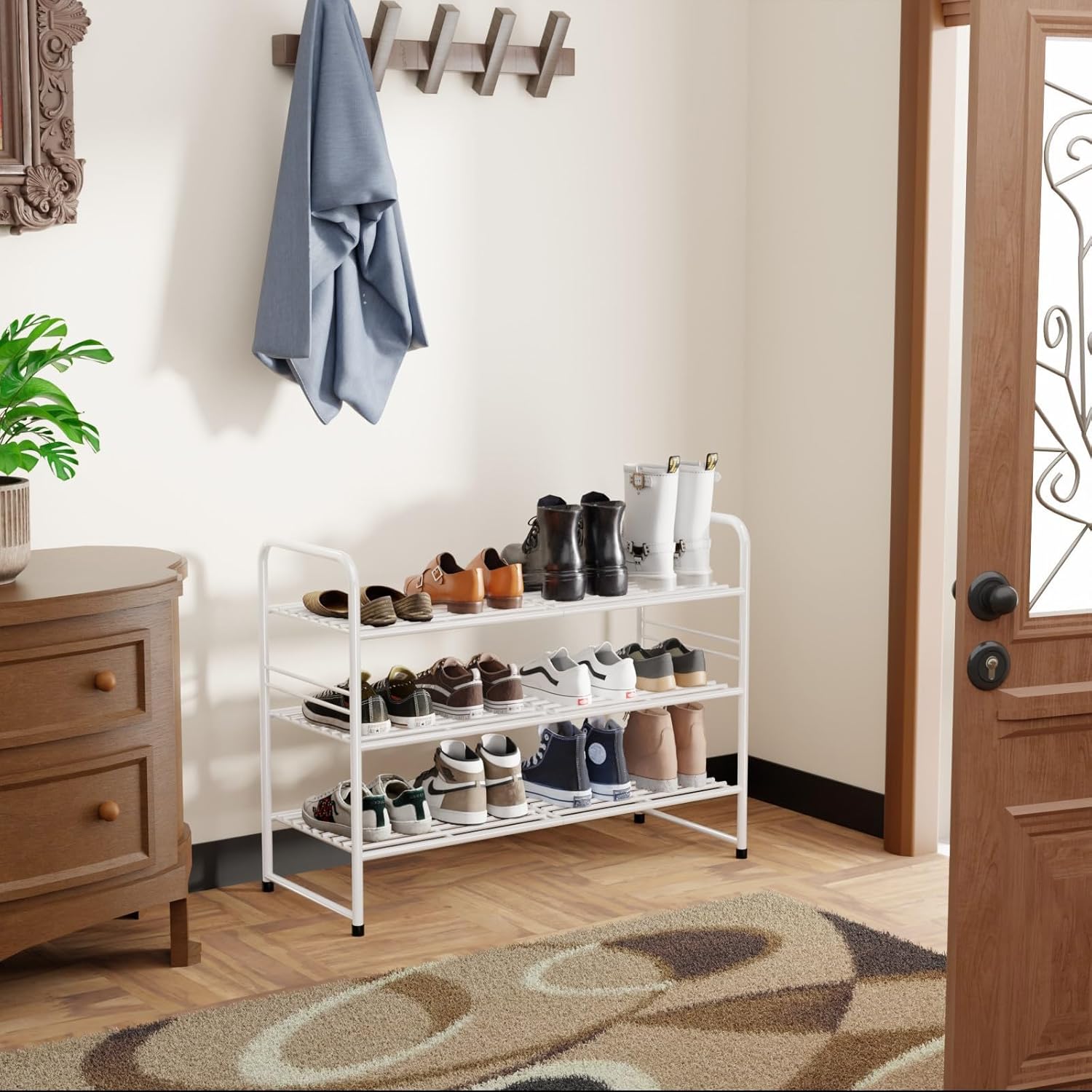 SUFAUY 3 Tier 33" Wide White Metal Shoe Rack for Closet, Stackable
