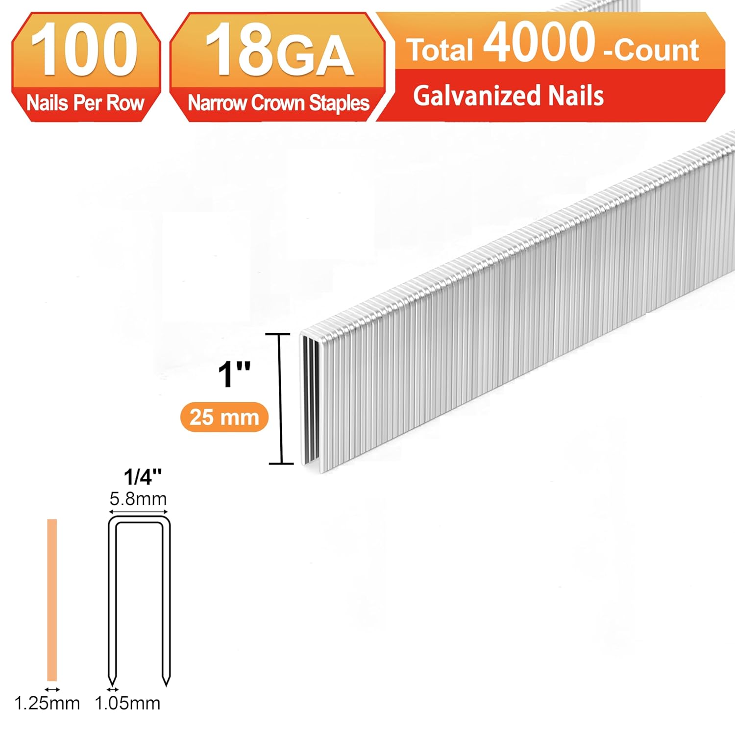 18 Gauge 1/4" Narrow Crown Staples,Galvanized 18GA Nail Gun Nails Assorted,Suitable for Most Brand of 18 Gauge Pneumatic and Electric Staples Nailer (1":4000PACK)