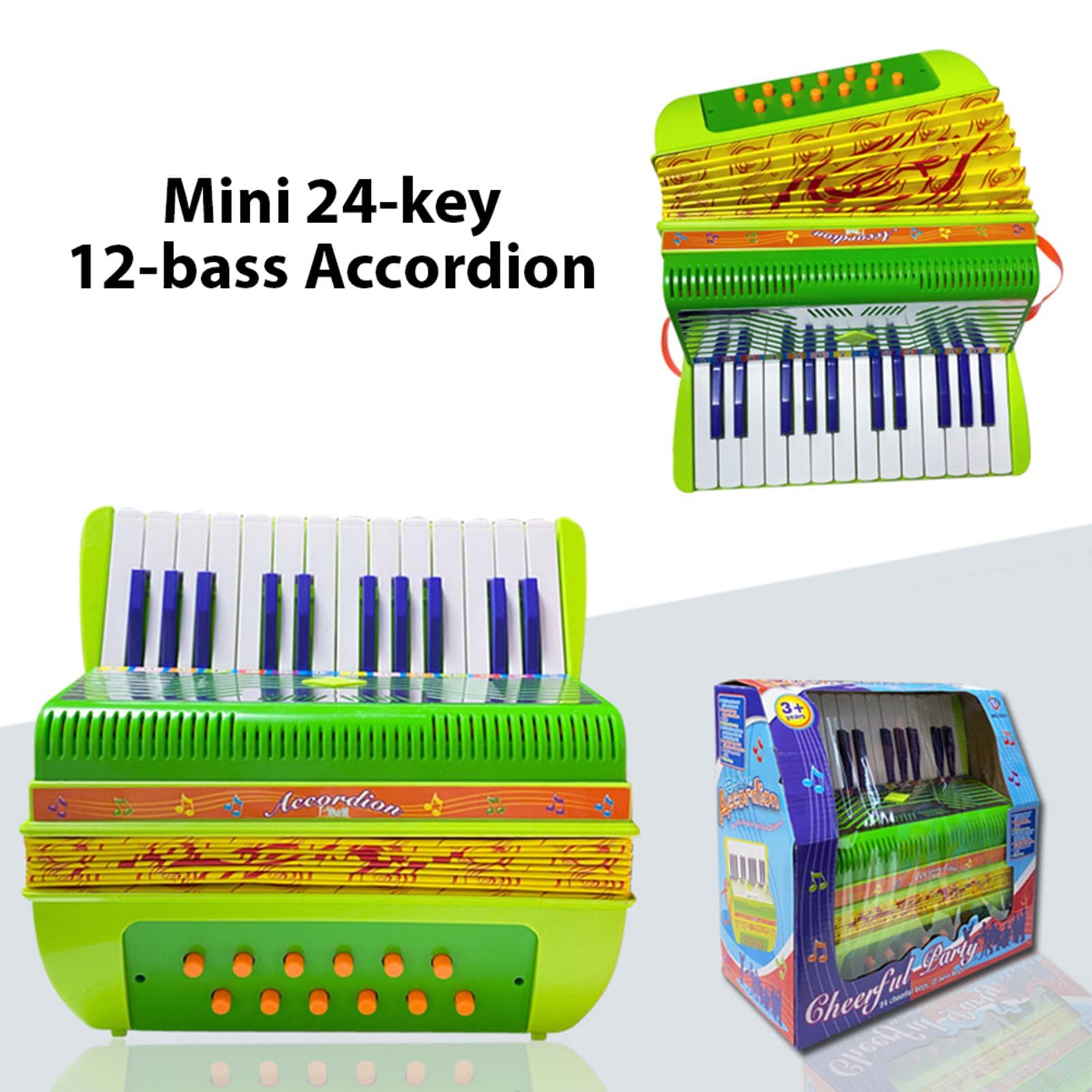 Acordeón de 24 Key 12-bass, Aprendizaje Fácil, Sonido Fantástico, Material Ecológico, Acordeón ABS para Principiantes, Rendimiento, Práctica, Incluye Correa (GREEN)