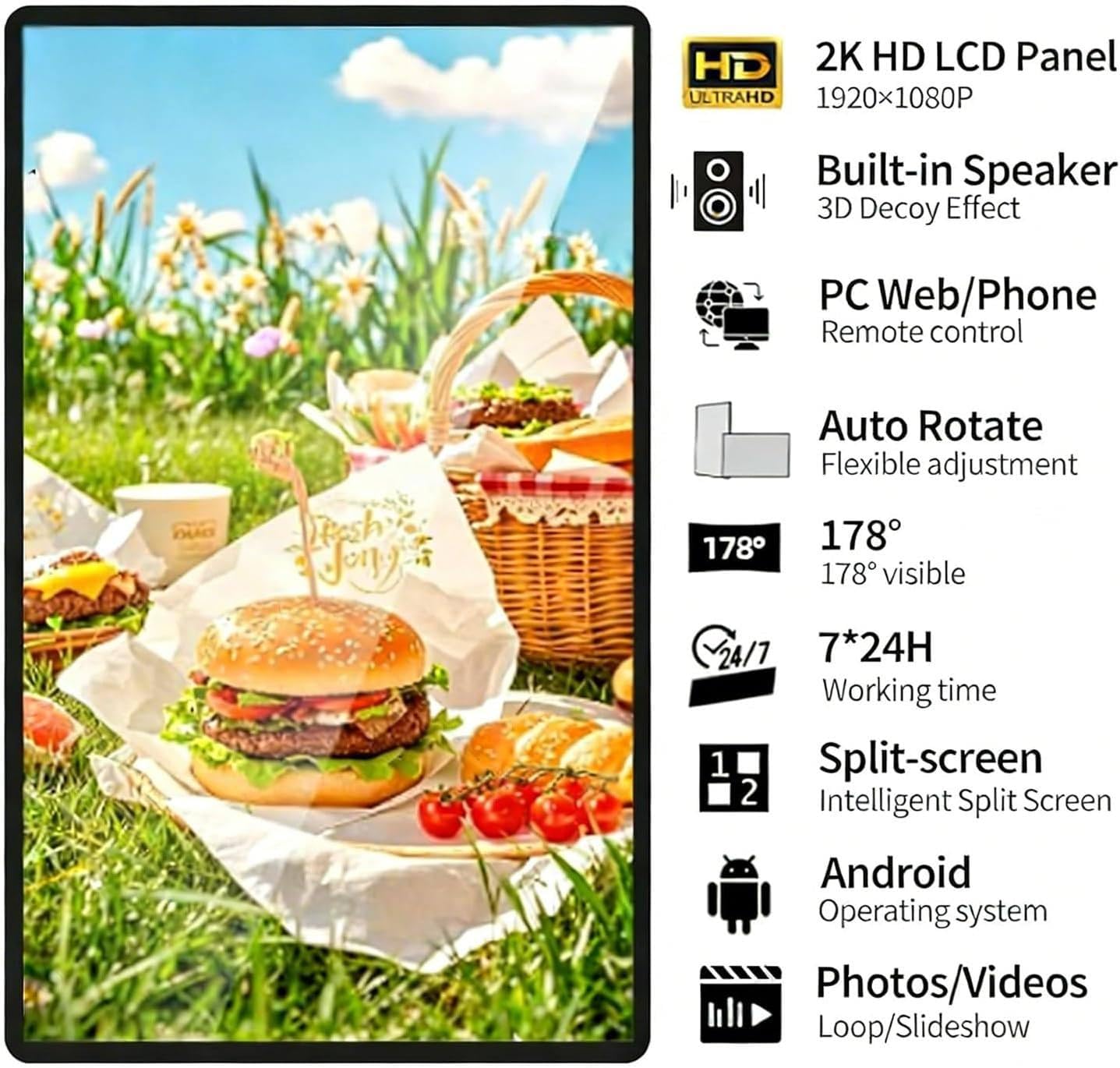 Display digitale per segnaletica Android per scheda menù, telecomando, schermo diviso, montaggio a parete