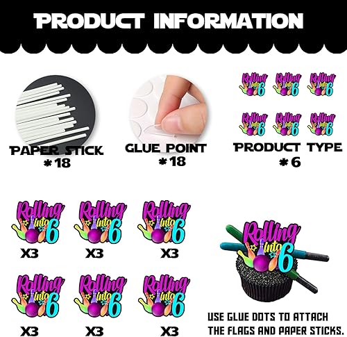 Miniatura 4 de 18 piezas de bola de boliche con purpurina, decoración de postre, magdalenas, boliches, 6 temas, suministros de decoración para niños y niñas,