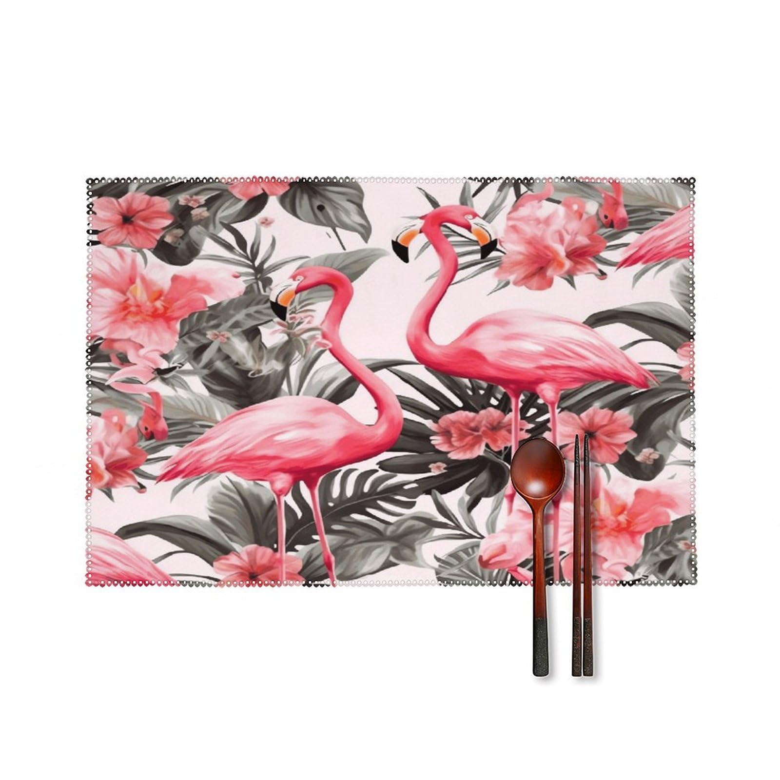 Flamingo Floral Printed Placemats Set of 6 Non-Slip Stain Resistant Indoor Outdoor Table Mat Washable Cloth Place Mat Fashion Kitchen Placemat for Dining Table Decoration 17.7x11.8 in