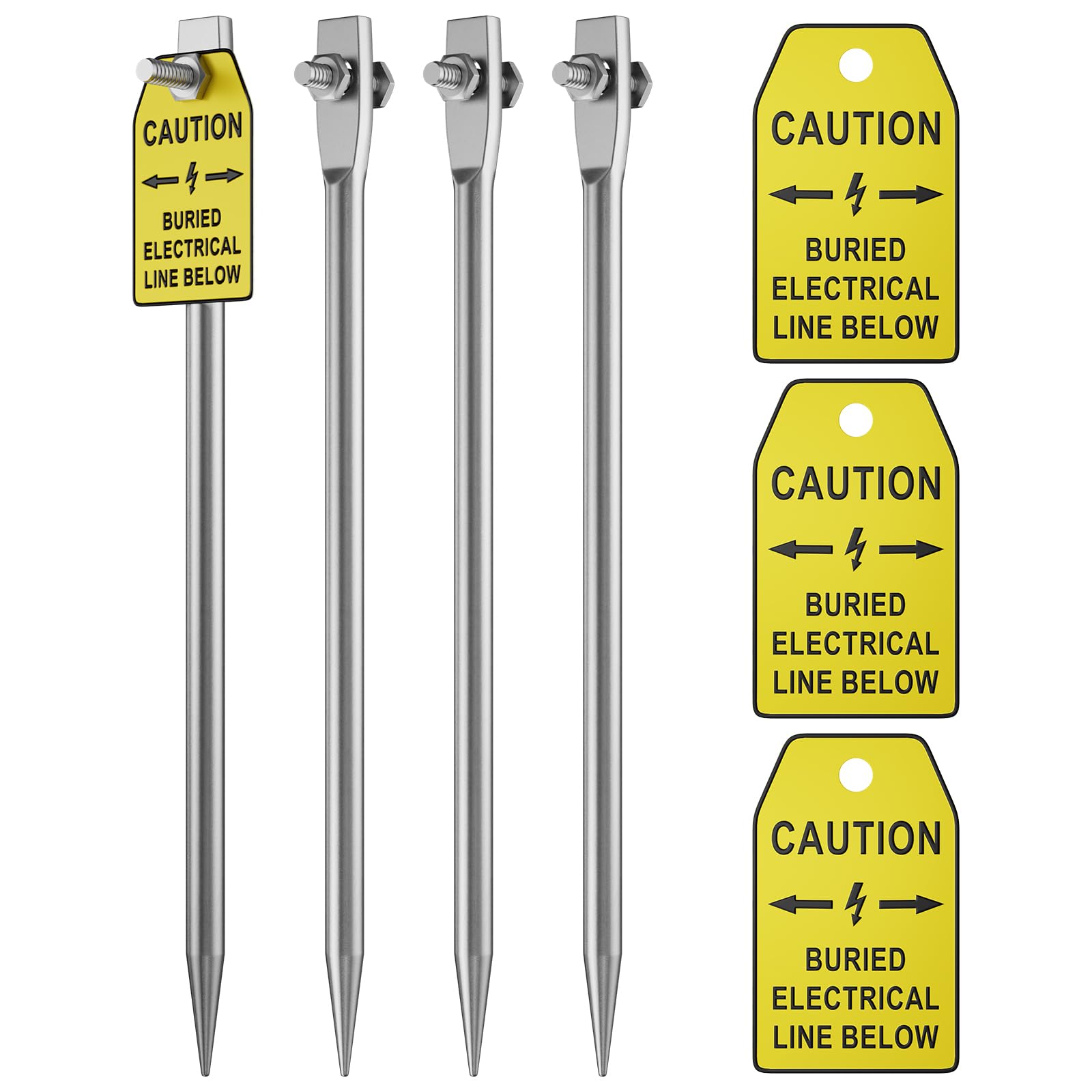 4 pieces Yellow Safety Warning Tag with Mark Rod, 2.4"* 4" for Caution Buried Electric Line Below