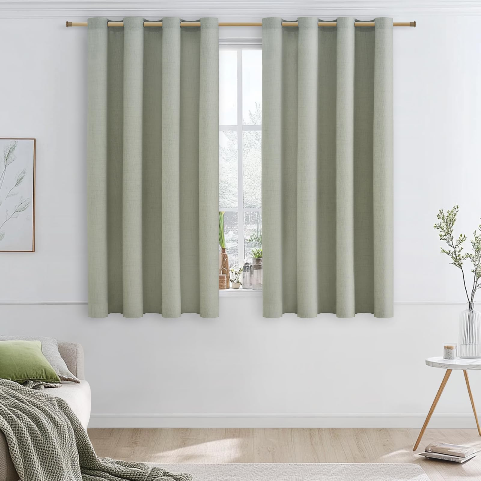 MRTREES Tende Camera da Letto Corte, Verde Salvia, 2 Pezzi, 140x122 CM, Tenda Lino Semitrasparente per Interni Cucina Soggiorno Salotto Cameretta Finestre con Occhielli