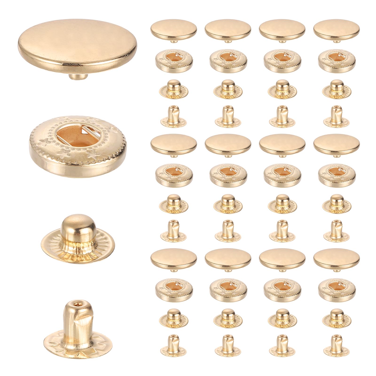 sourcing map 17mm Snap Fastener Stainless Steel Press Stud Cap Kit, 15 Sets Heavy Duty Snap Button No Sewing for Bag Coats Marine Clothes Jackets Jeans Boat Canvas, Golden