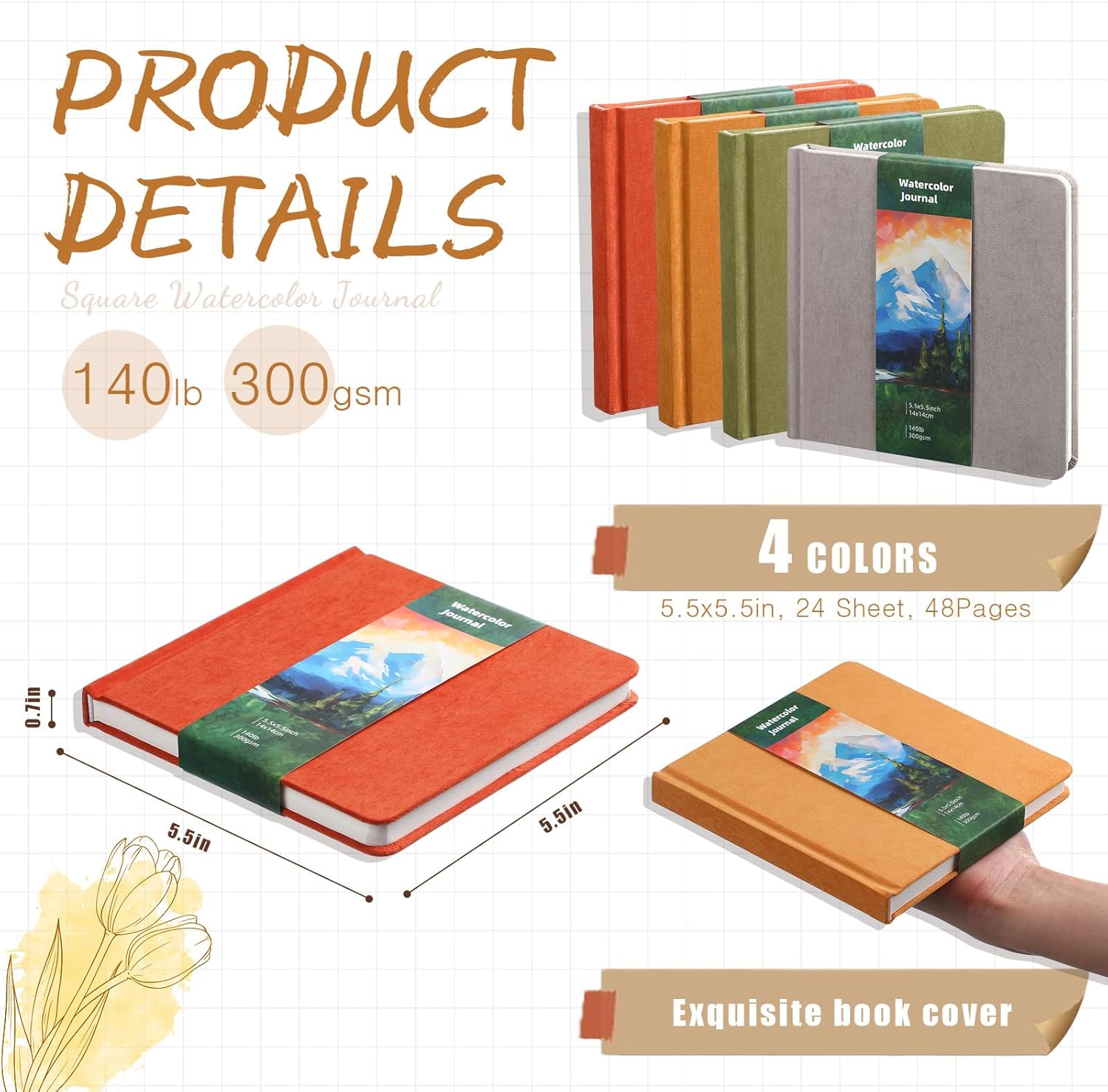 Mooliwe 4 Pcs Watercolor Travel Journal Watercolor Sketchbook Painting 5 x 5 Inch 300 GSM Cotton Cold Press Notebook for Painter Beginner Graduation Gift(Autumn Colors)