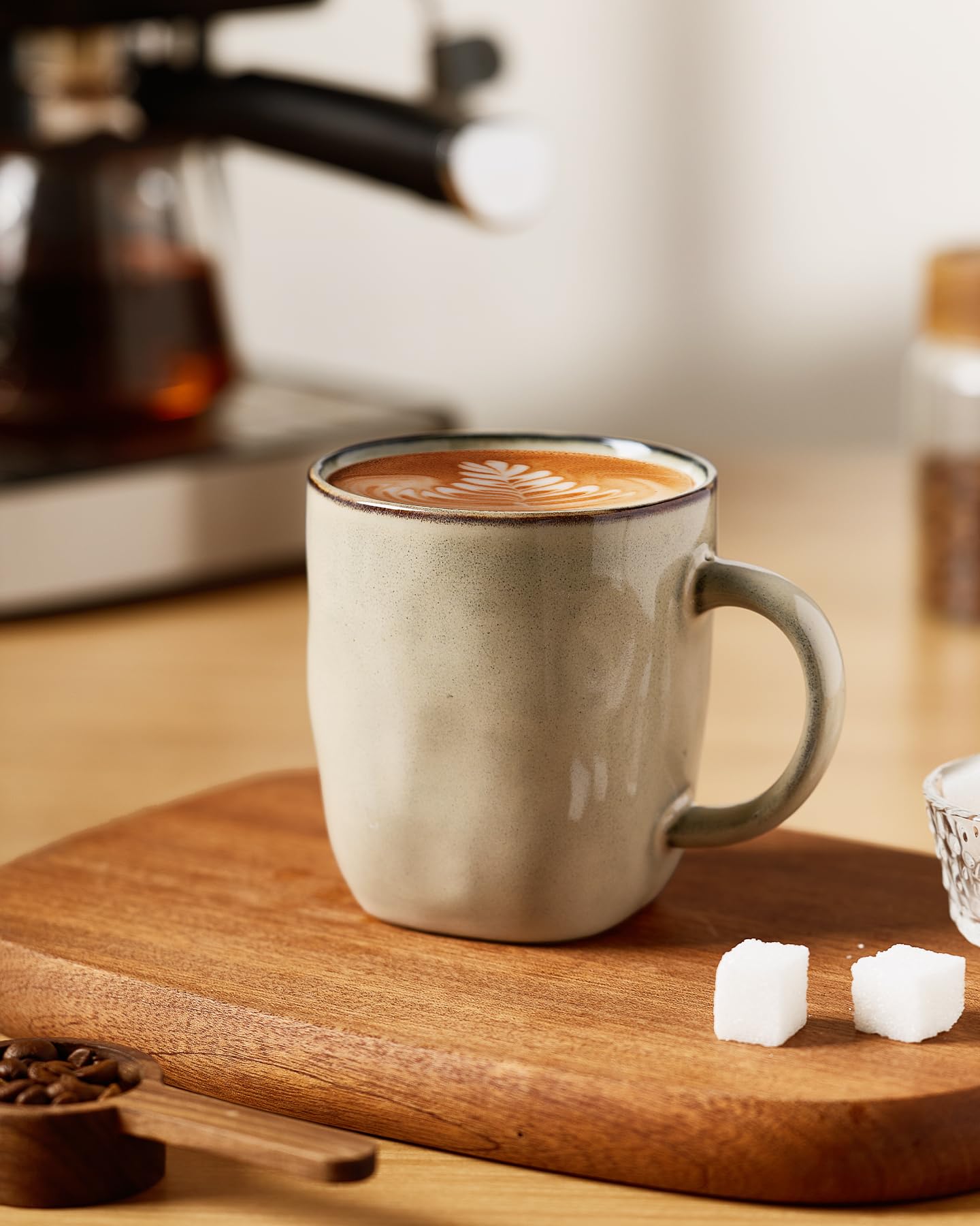 famiware Kaffeebecher-Set, quadratisch, 370 ml, Kaffeetassen-Set mit Griff, für Kakao, Milch, heiße Schokolade, Tee, Wasser, Steingut, Tassen für Küche, mikrowellen- und spülmaschinenfest, Hellkhaki